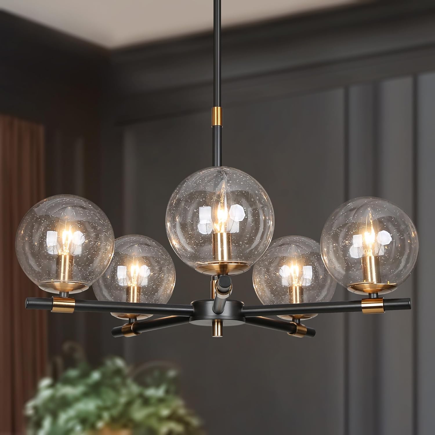 Modern Black and Gold 5-Light Sputnik Chandelier – Adjustable Clear Glass Globe Ceiling Pendant Light