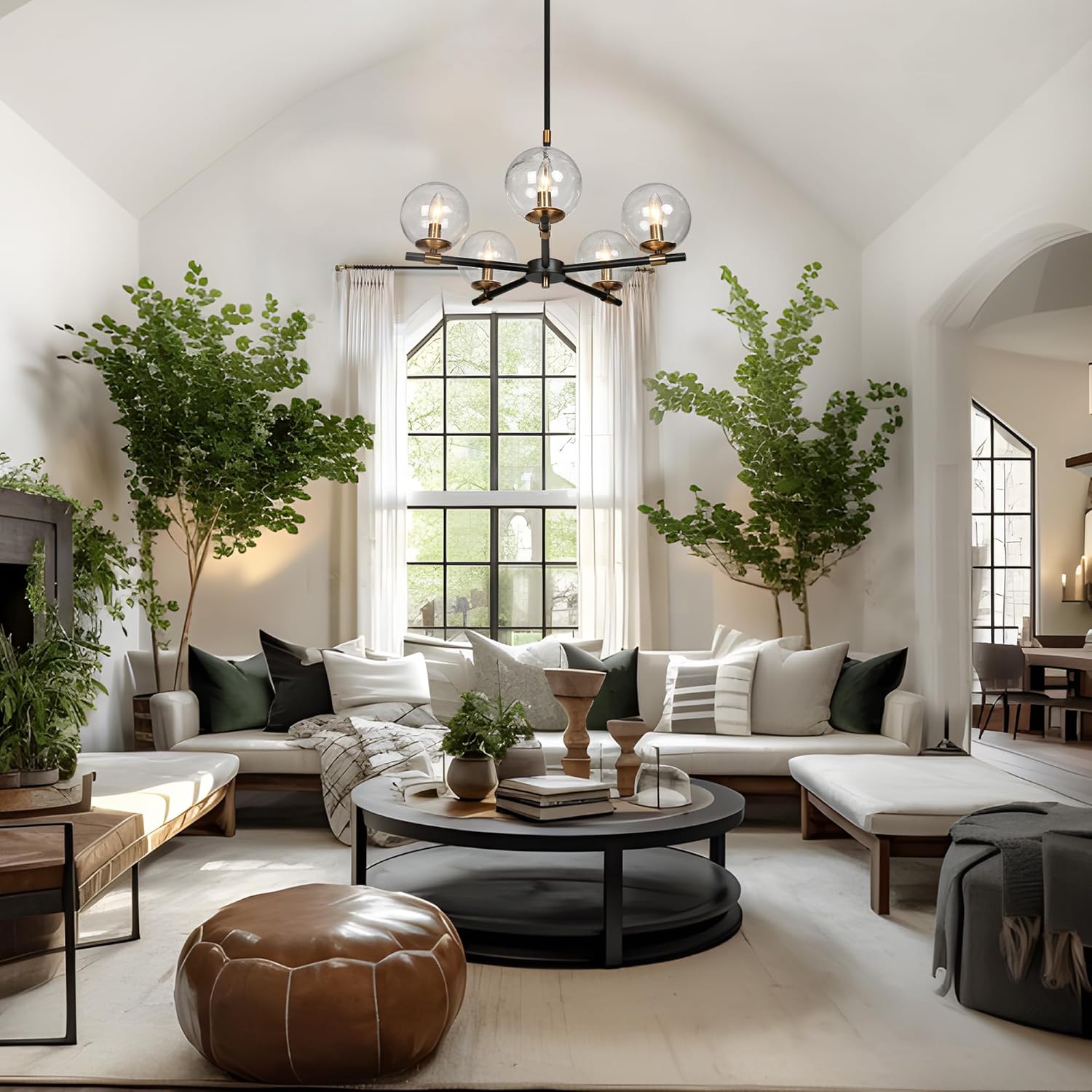 Modern Black and Gold 5-Light Sputnik Chandelier – Adjustable Clear Glass Globe Ceiling Pendant Light