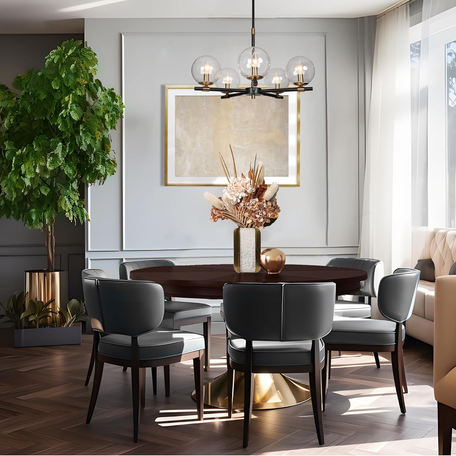 Modern Black and Gold 5-Light Sputnik Chandelier – Adjustable Clear Glass Globe Ceiling Pendant Light