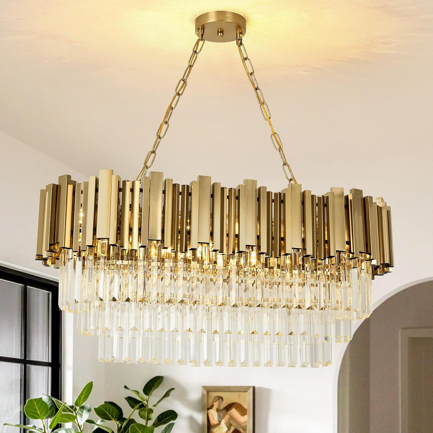 Modern Brass Gold Crystal Chandelier – 8-Light Rectangular LED Pendant with Adjustable Chain
