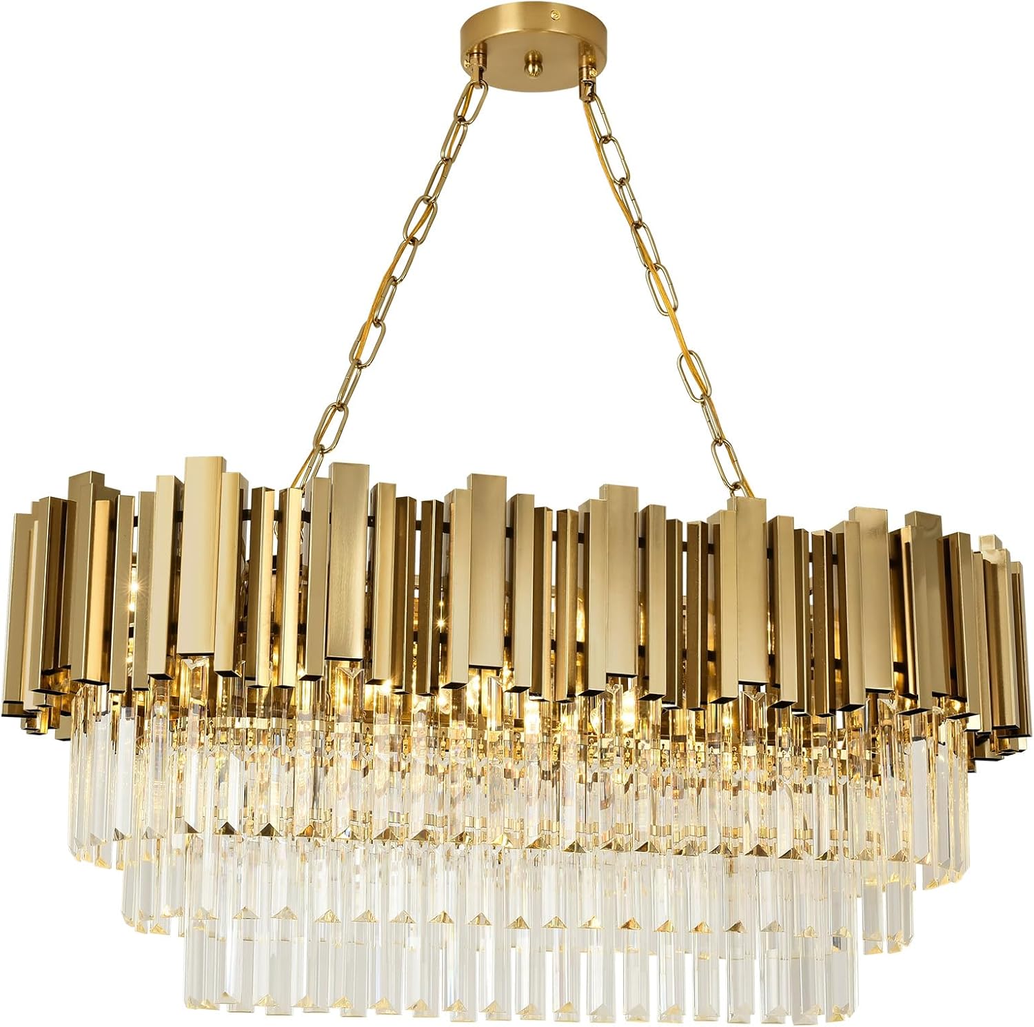 Modern Brass Gold Crystal Chandelier – 8-Light Rectangular LED Pendant with Adjustable Chain