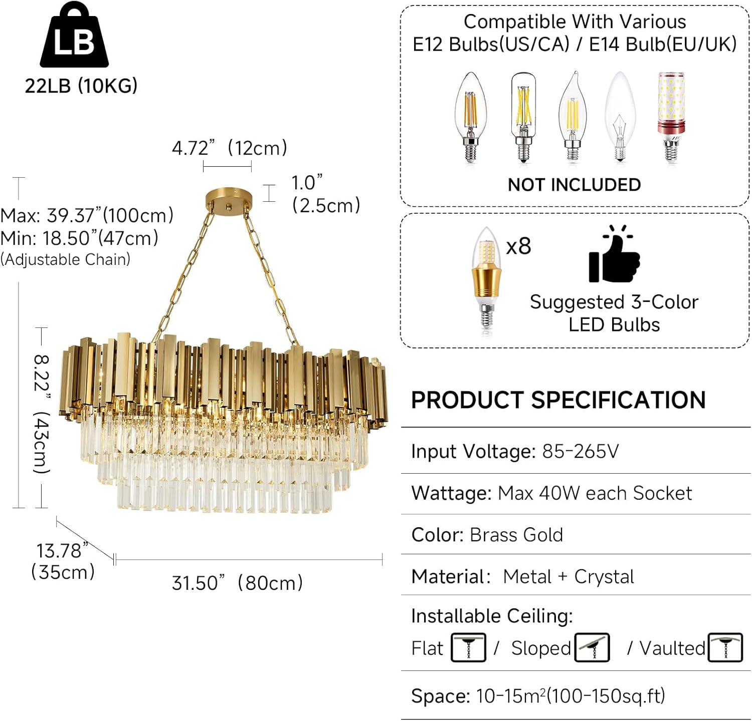 Modern Brass Gold Crystal Chandelier – 8-Light Rectangular LED Pendant with Adjustable Chain