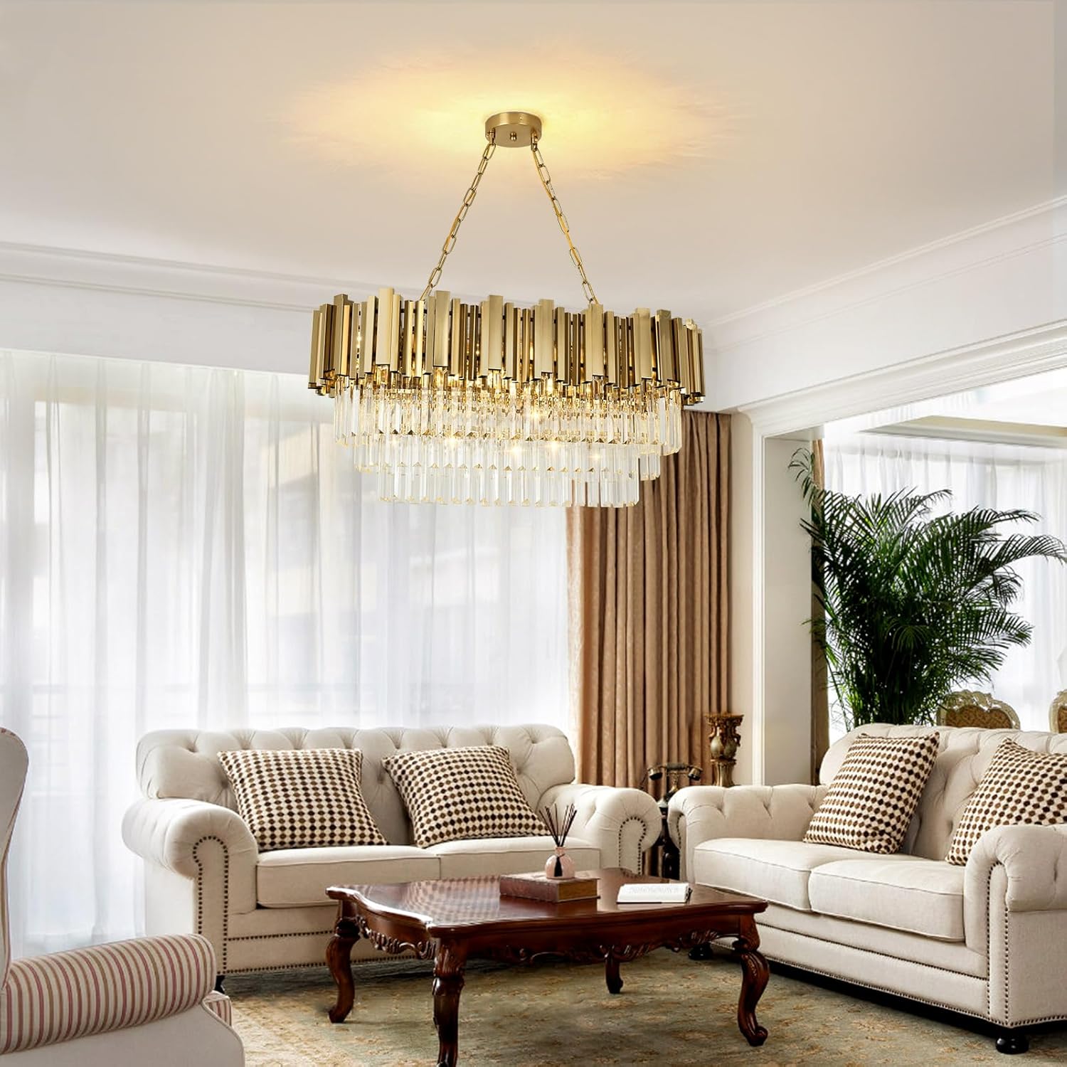 Modern Brass Gold Crystal Chandelier – 8-Light Rectangular LED Pendant with Adjustable Chain