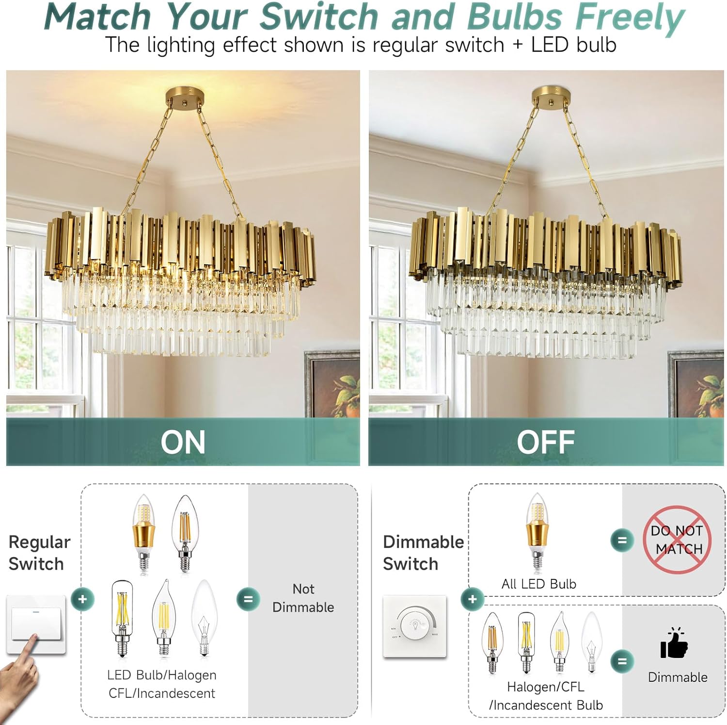 Modern Brass Gold Crystal Chandelier – 8-Light Rectangular LED Pendant with Adjustable Chain