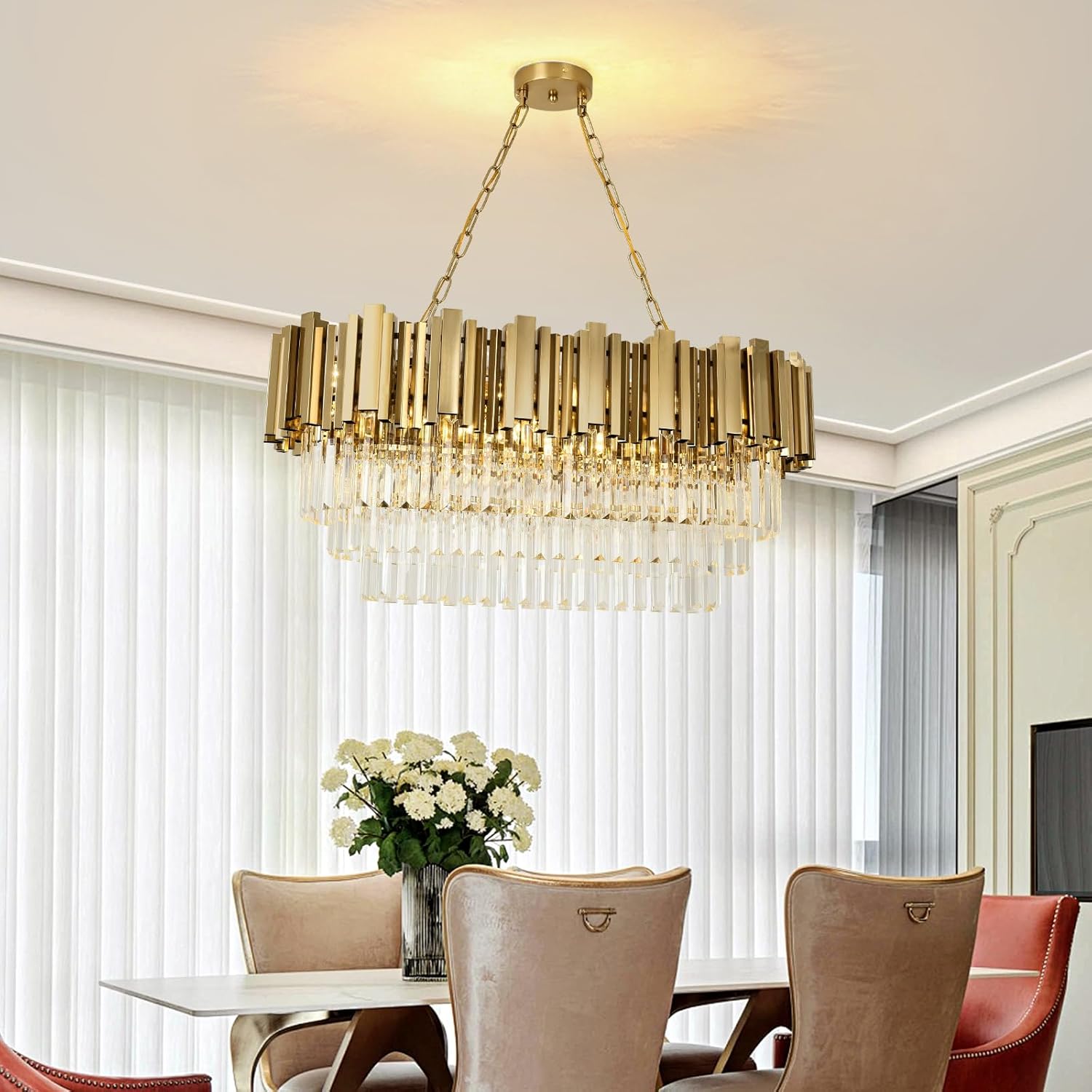 Modern Brass Gold Crystal Chandelier – 8-Light Rectangular LED Pendant with Adjustable Chain