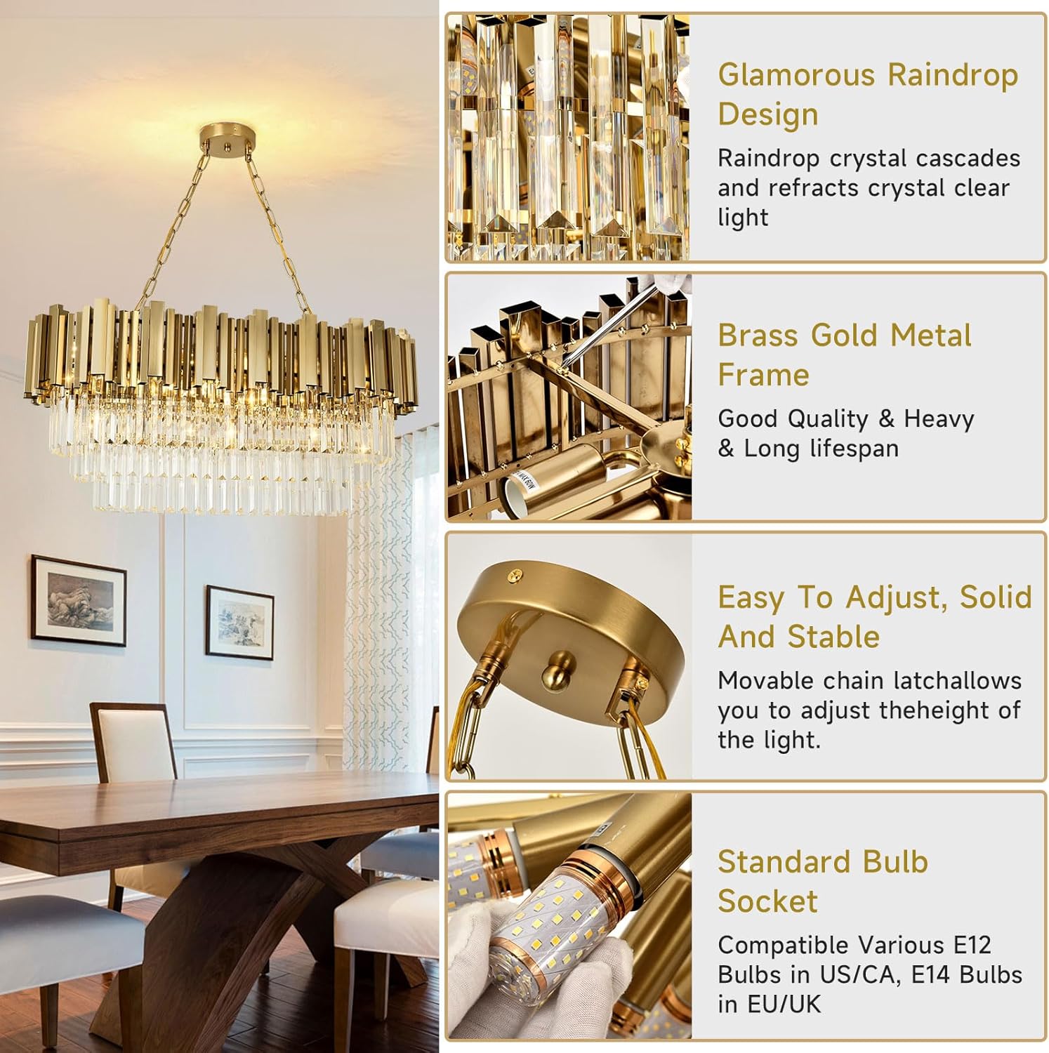 Modern Brass Gold Crystal Chandelier – 8-Light Rectangular LED Pendant with Adjustable Chain