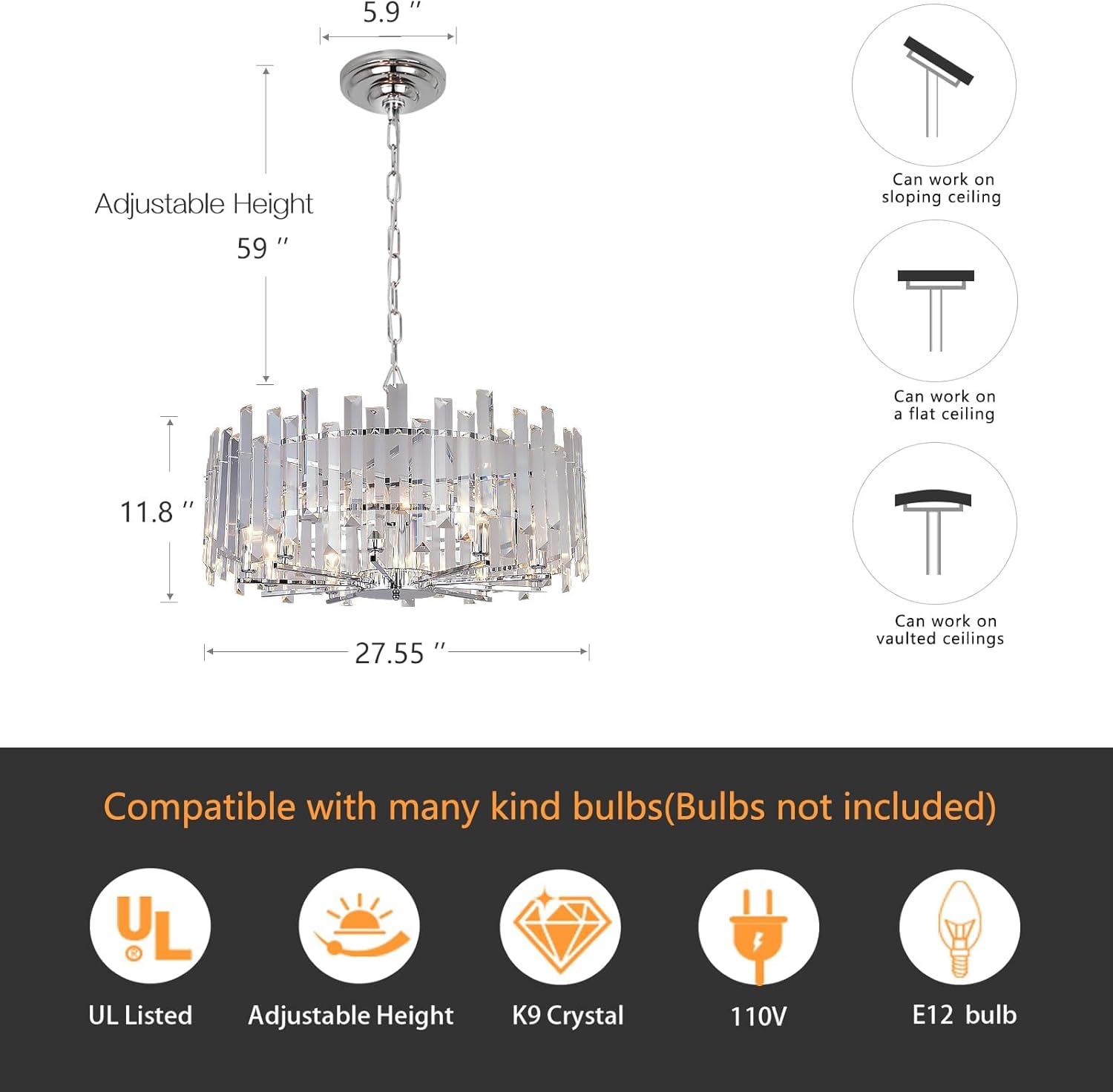 Modern Chrome Crystal Chandelier - 28-Inch Round Pendant Light with Adjustable Height for Dining Room, Bedroom, or Living Space