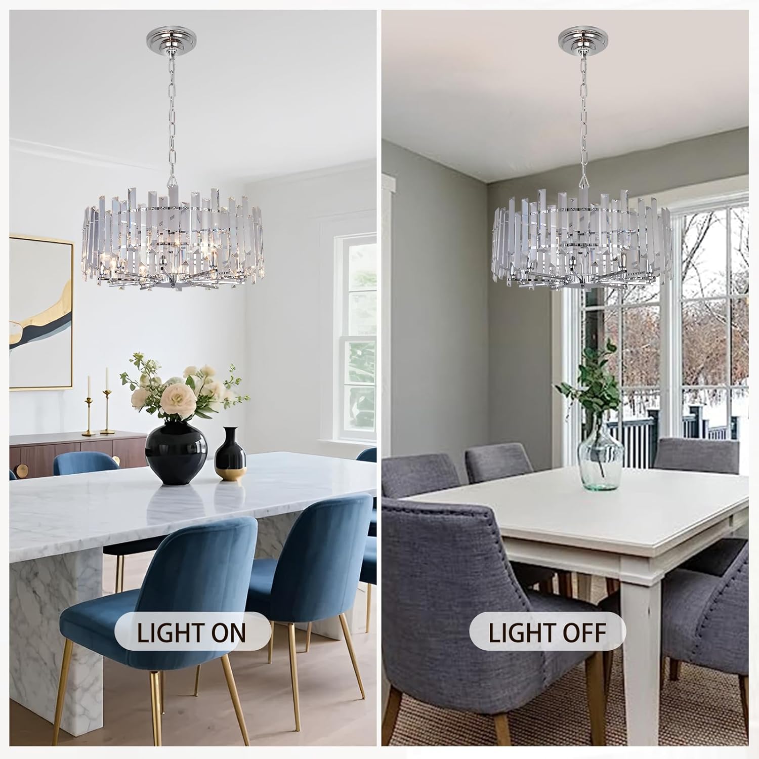 Modern Chrome Crystal Chandelier - 28-Inch Round Pendant Light with Adjustable Height for Dining Room, Bedroom, or Living Space