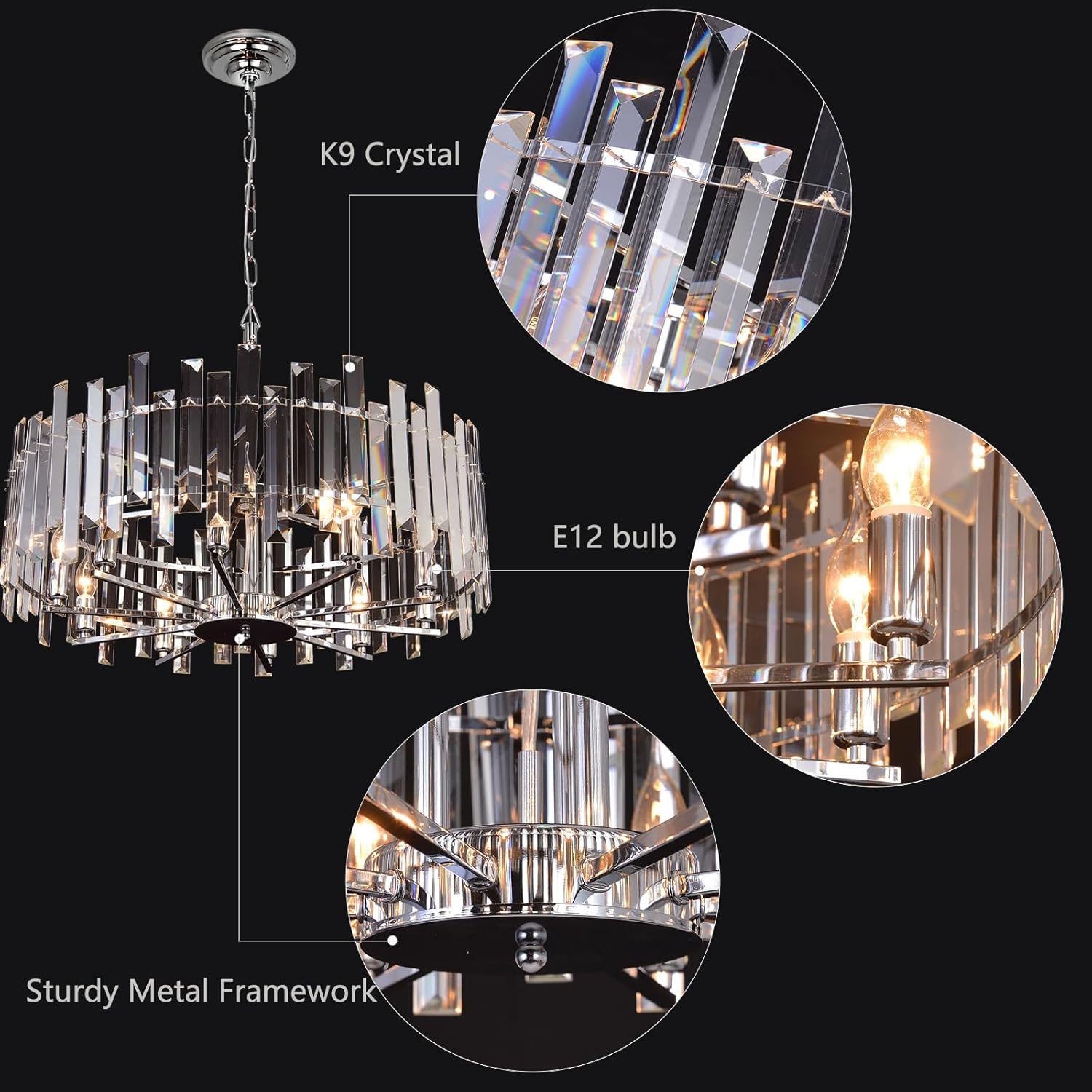 Modern Chrome Crystal Chandelier - 28-Inch Round Pendant Light with Adjustable Height for Dining Room, Bedroom, or Living Space