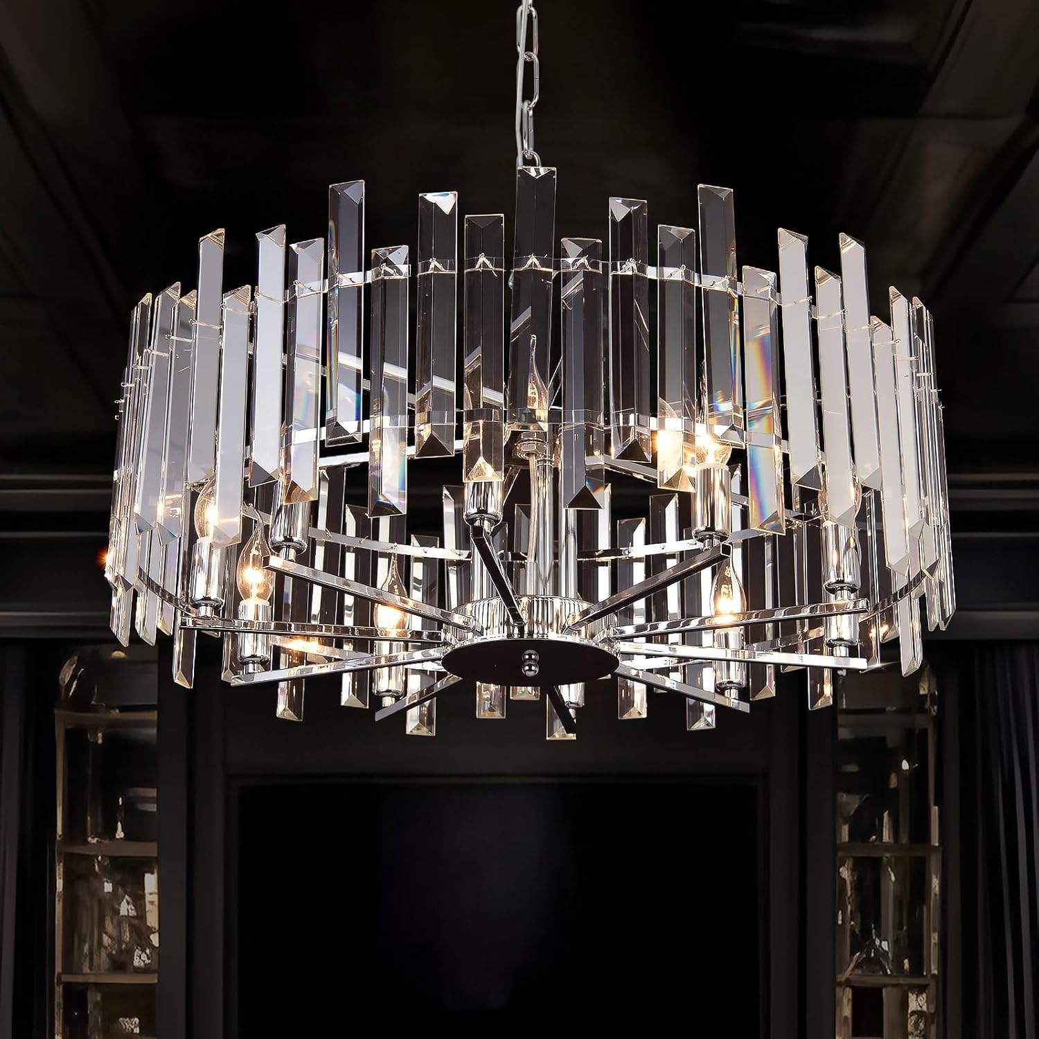 Modern Chrome Crystal Chandelier - 28-Inch Round Pendant Light with Adjustable Height for Dining Room, Bedroom, or Living Space