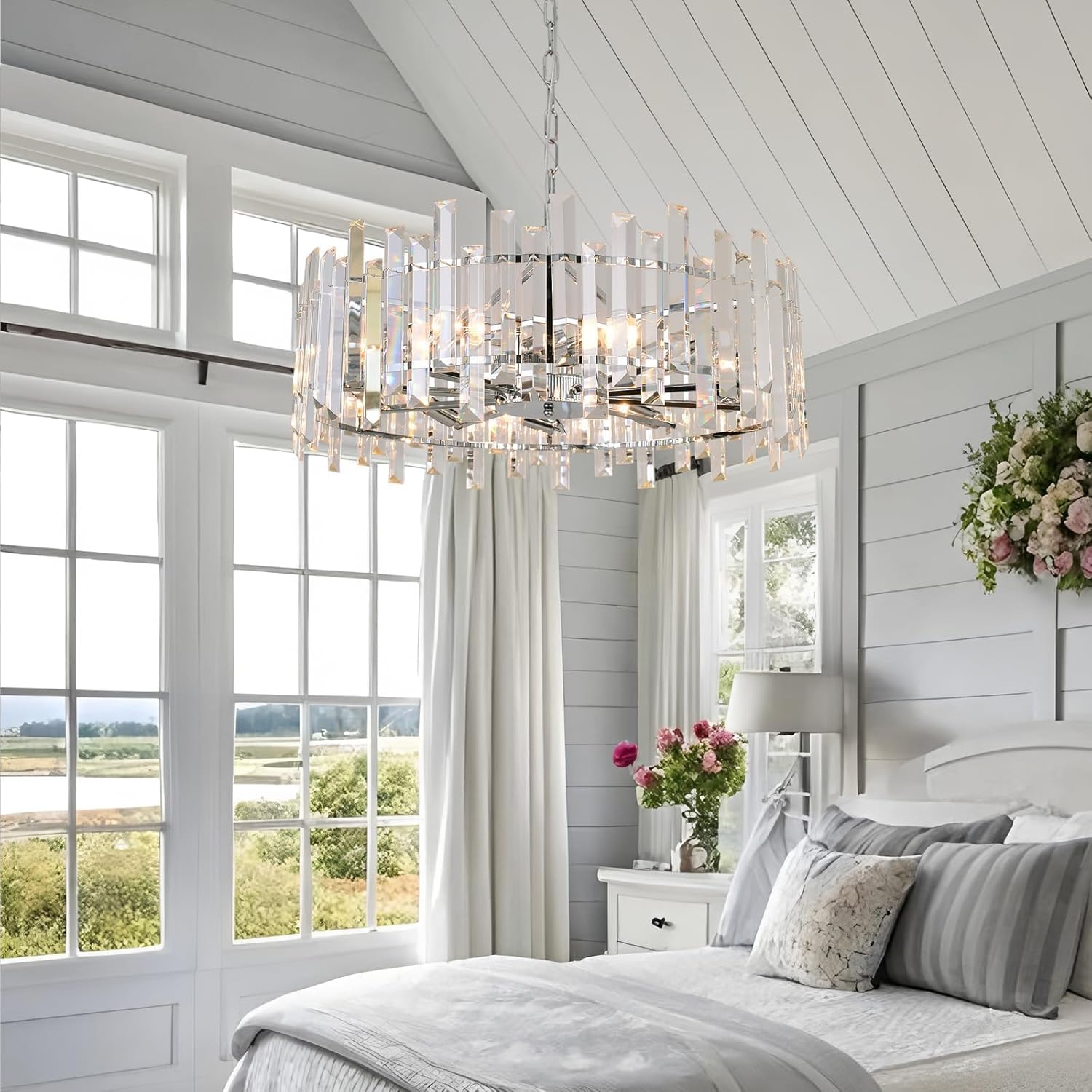 Modern Chrome Crystal Chandelier - 28-Inch Round Pendant Light with Adjustable Height for Dining Room, Bedroom, or Living Space