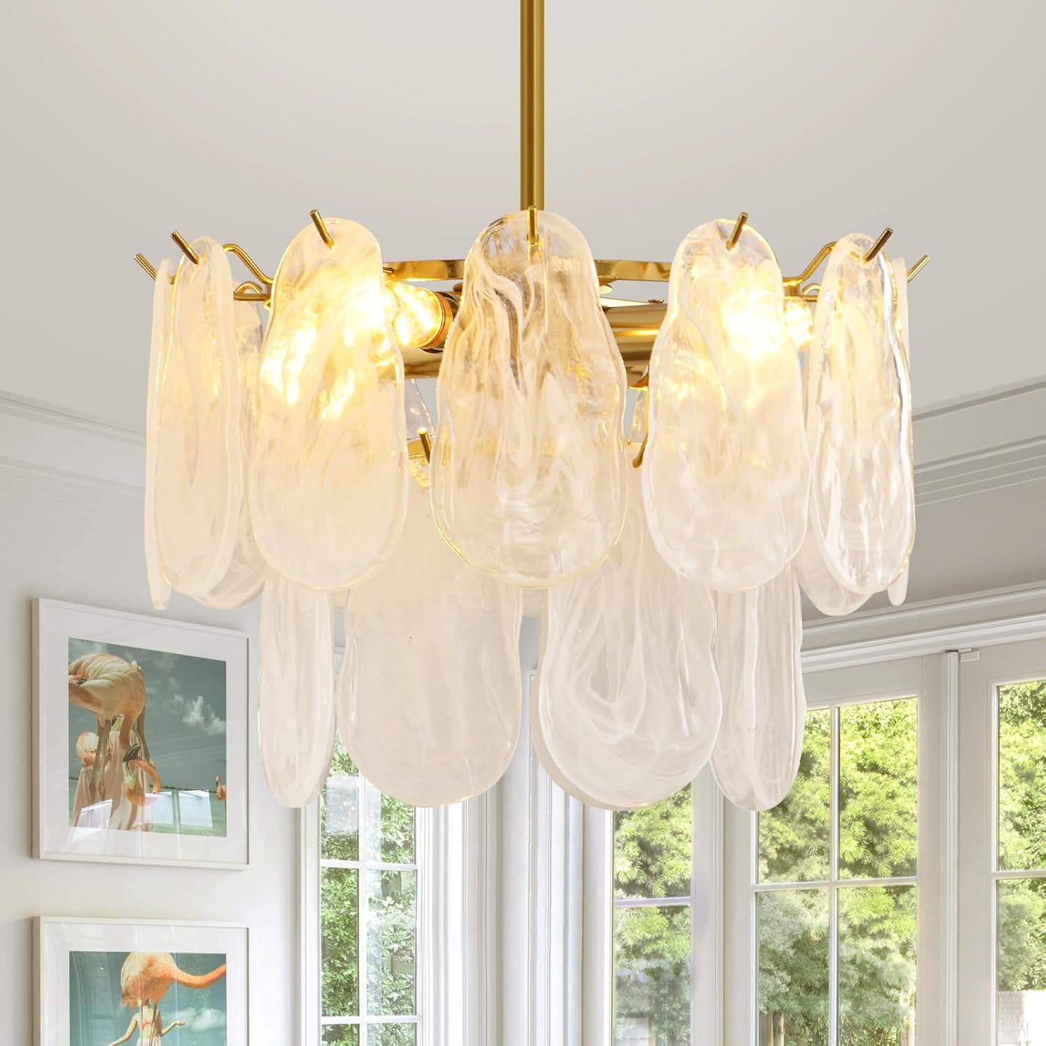Modern Cloudy Glass Shade Gold Pendant Chandelier Light