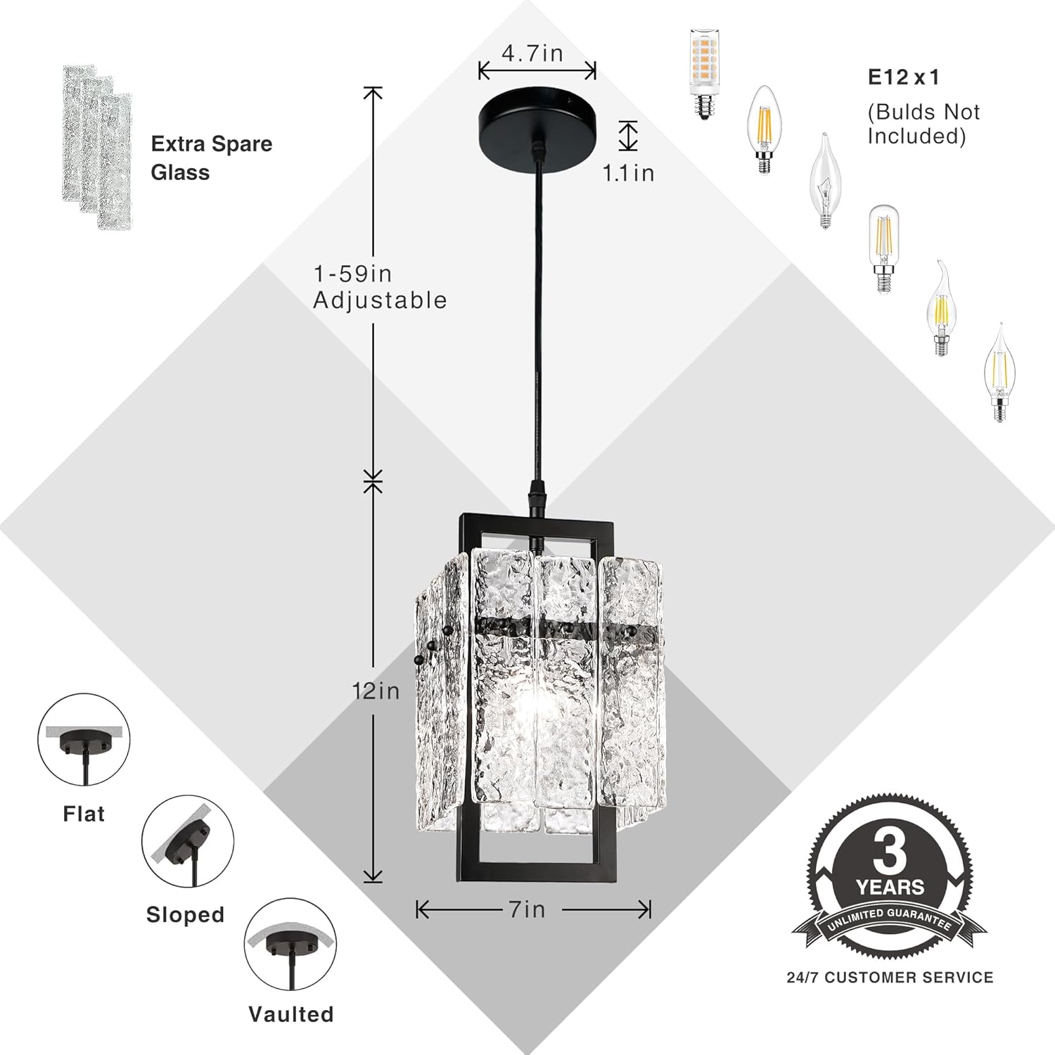 Modern Crystal Pendant Light with Adjustable Height, Black Frame and Textured Glass - E12 Socket