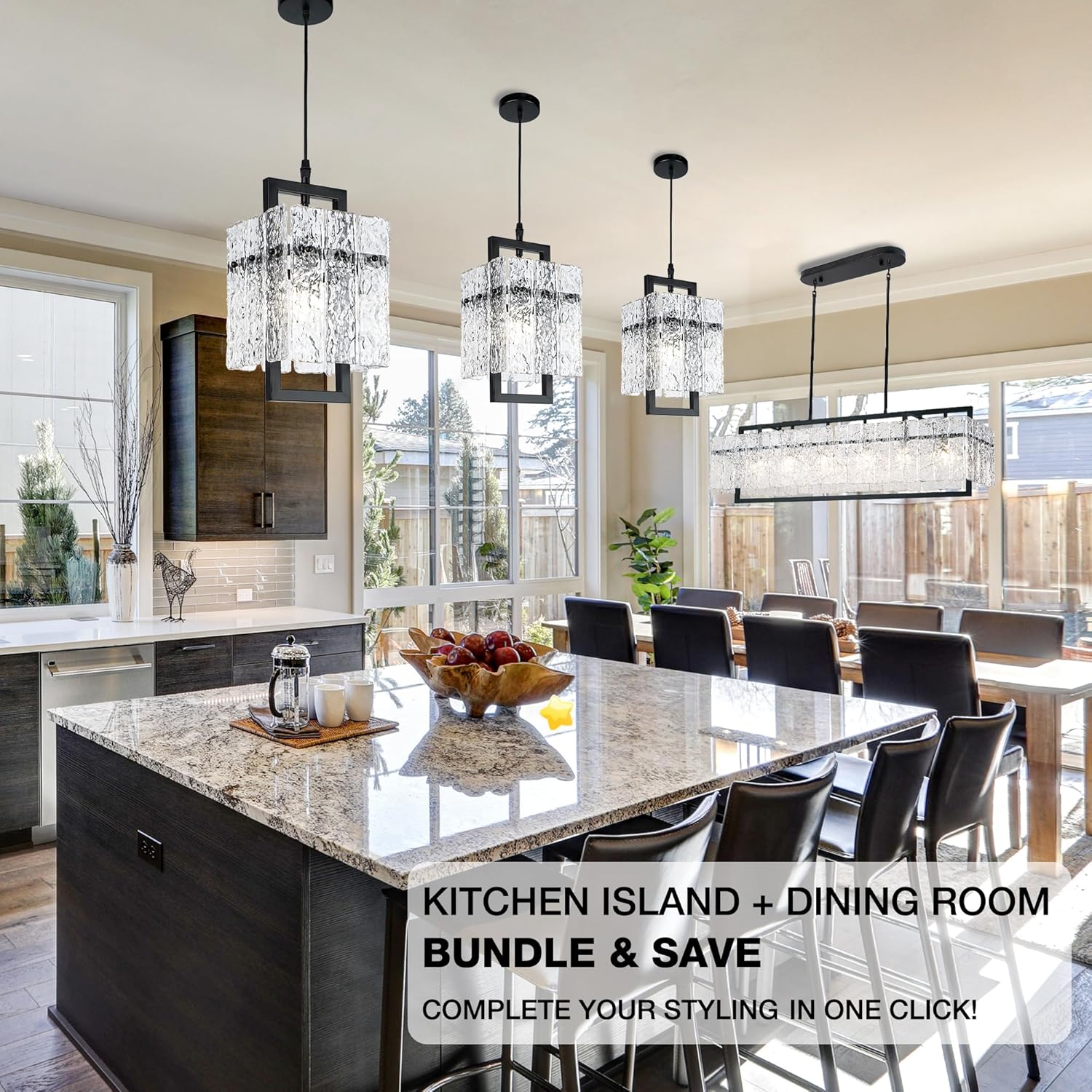 Modern Crystal Pendant Light with Adjustable Height, Black Frame and Textured Glass - E12 Socket