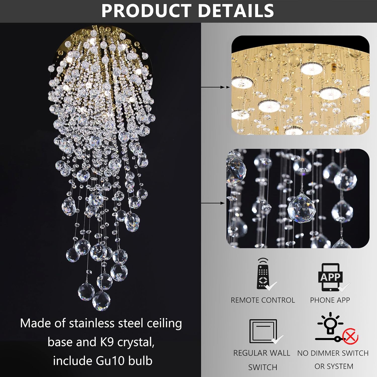 Luxury 100-Inch Modern Crystal Raindrop Chandelier - Adjustable Round LED Pendant Light with Remote & App Control