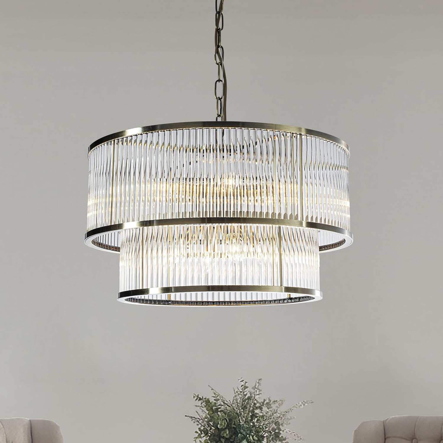 Modern Double Drum Crystal Chandelier with Adjustable Height, Antique Bronze LED Dimmable Ceiling Light (10-Light)