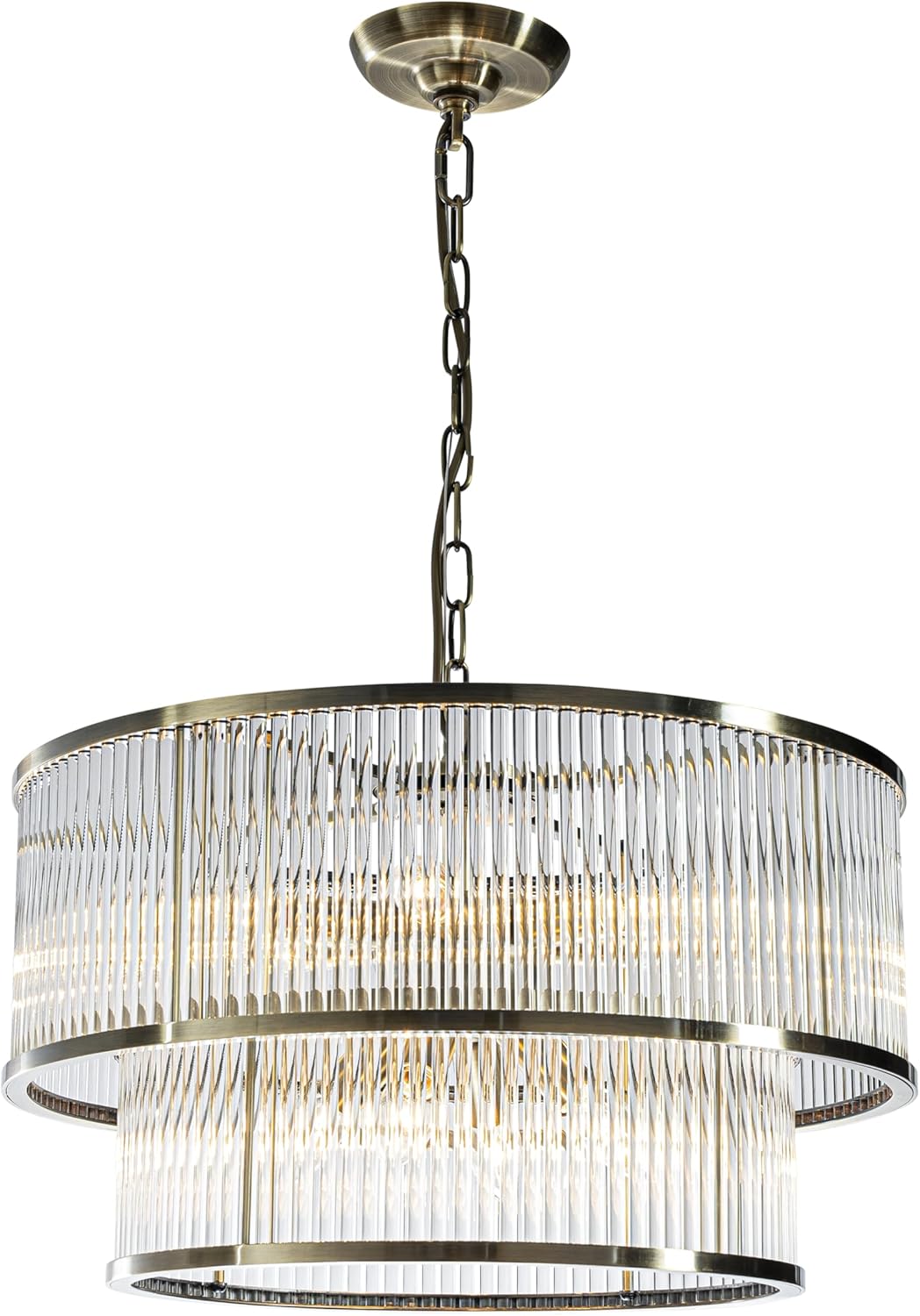 Modern Double Drum Crystal Chandelier with Adjustable Height, Antique Bronze LED Dimmable Ceiling Light (10-Light)
