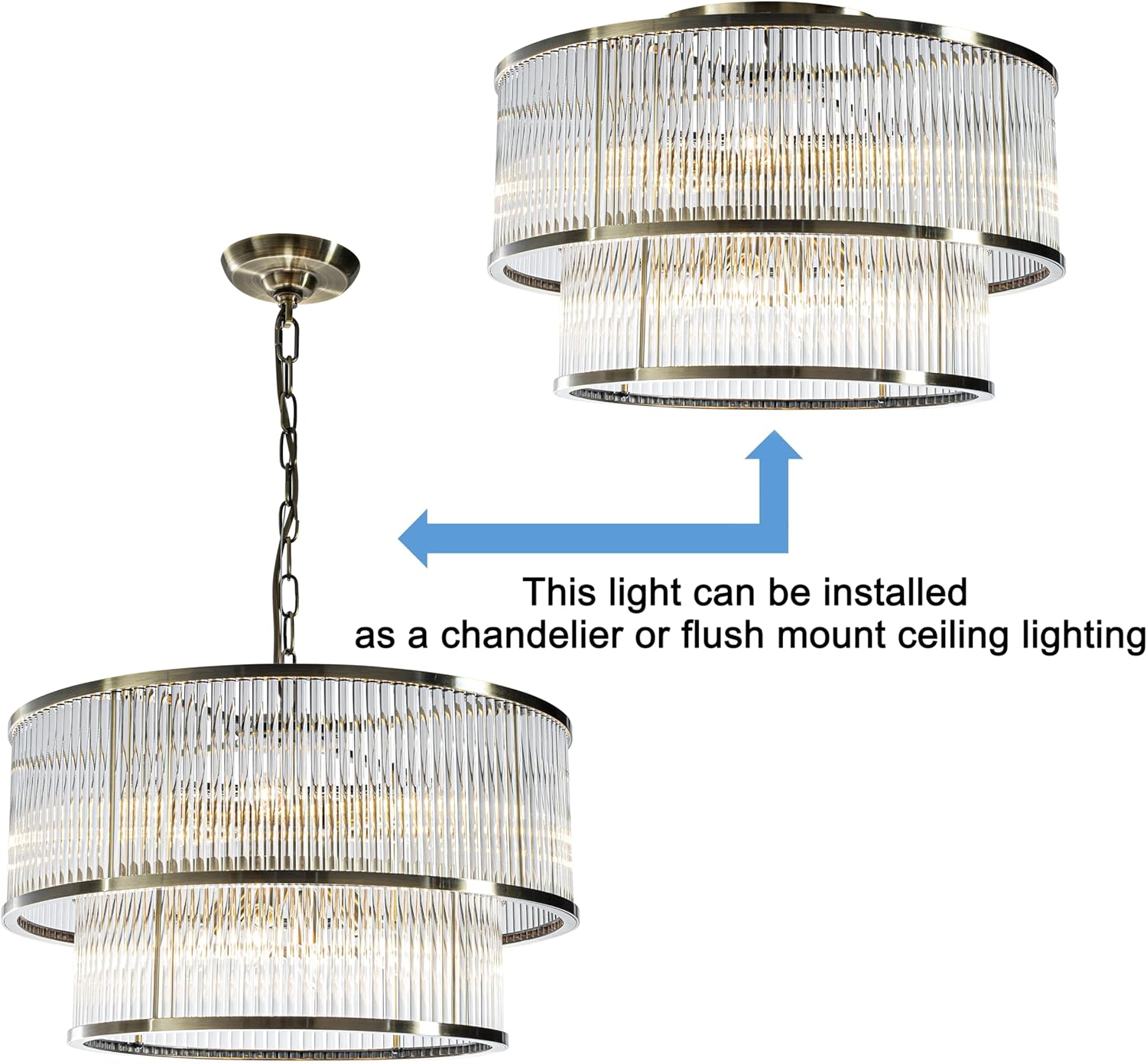 Modern Double Drum Crystal Chandelier with Adjustable Height, Antique Bronze LED Dimmable Ceiling Light (10-Light)
