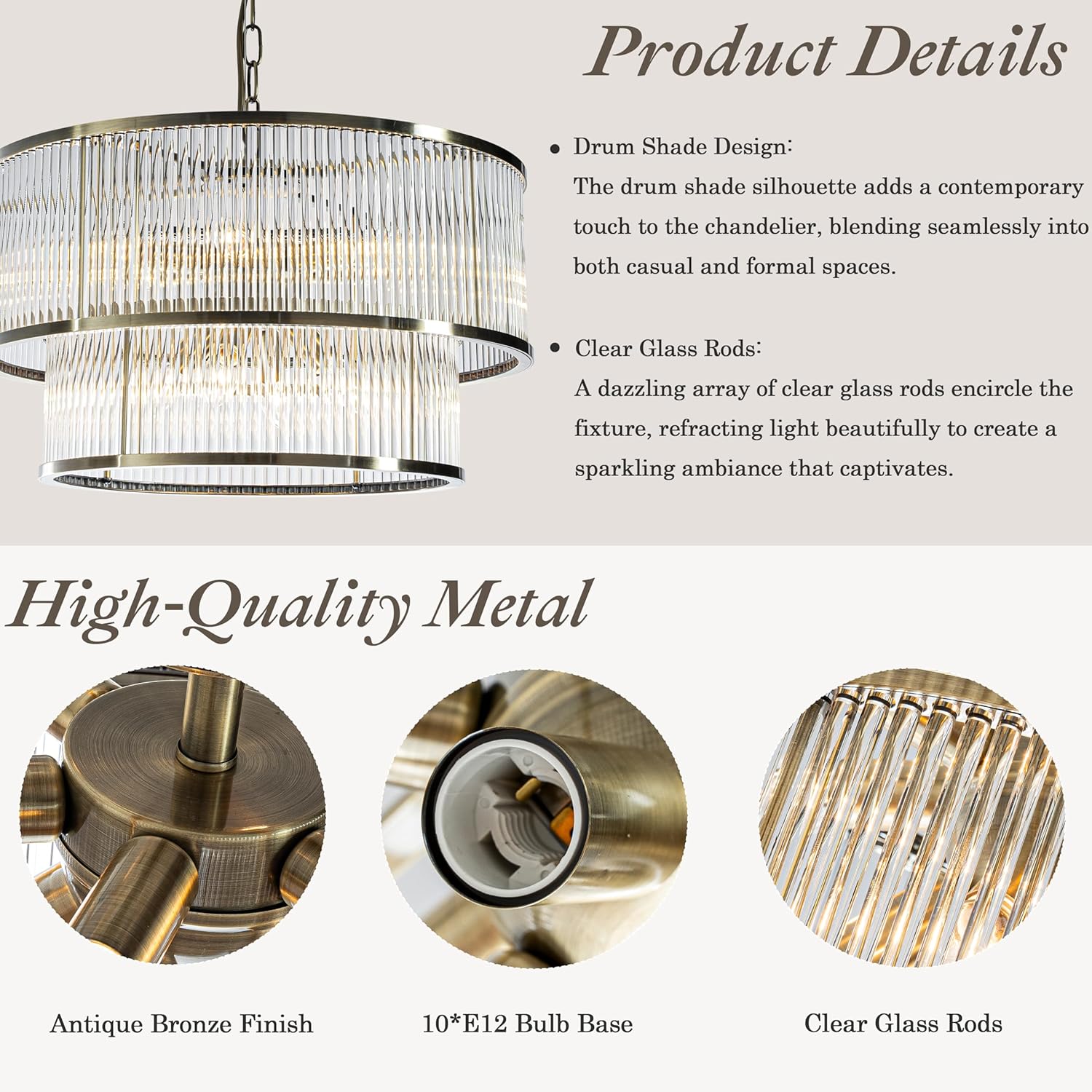 Modern Double Drum Crystal Chandelier with Adjustable Height, Antique Bronze LED Dimmable Ceiling Light (10-Light)