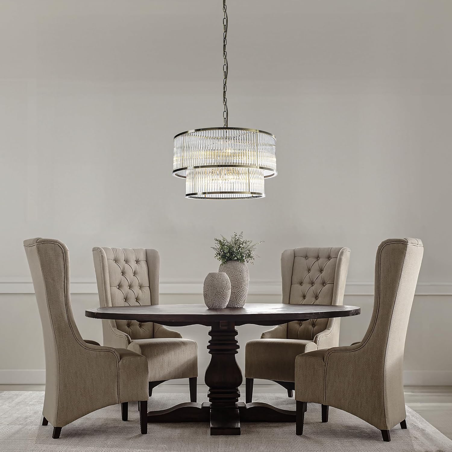 Modern Double Drum Crystal Chandelier with Adjustable Height, Antique Bronze LED Dimmable Ceiling Light (10-Light)