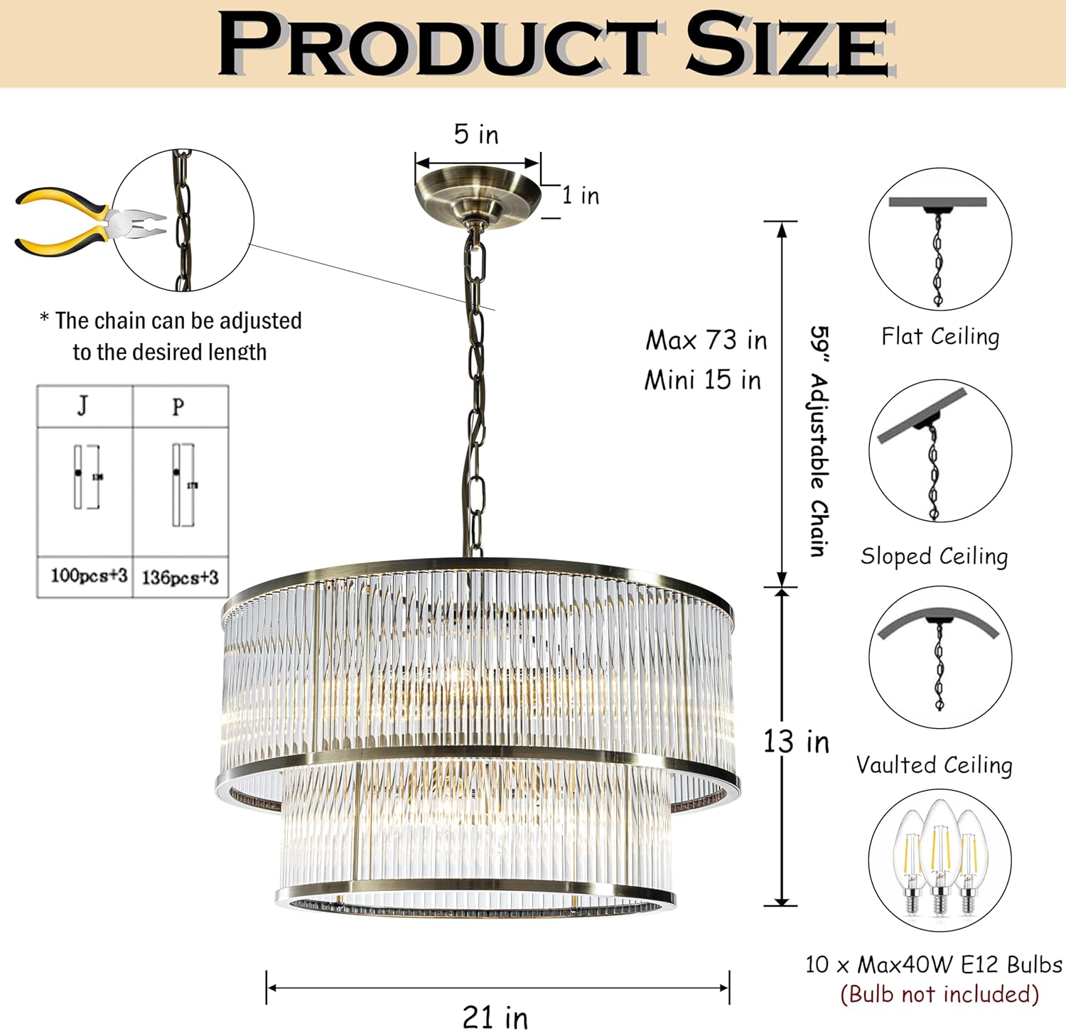 Modern Double Drum Crystal Chandelier with Adjustable Height, Antique Bronze LED Dimmable Ceiling Light (10-Light)