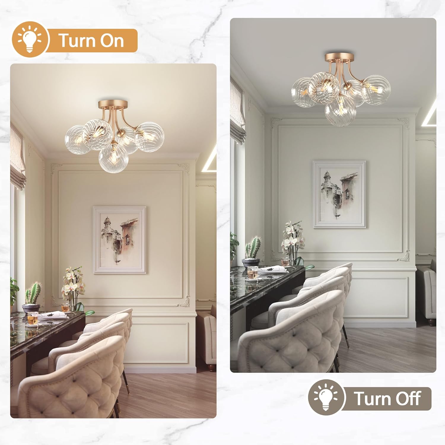 Modern Flush Mount Ceiling Light with 5 Globe Glass Shades | Gold G9 Base Fixture