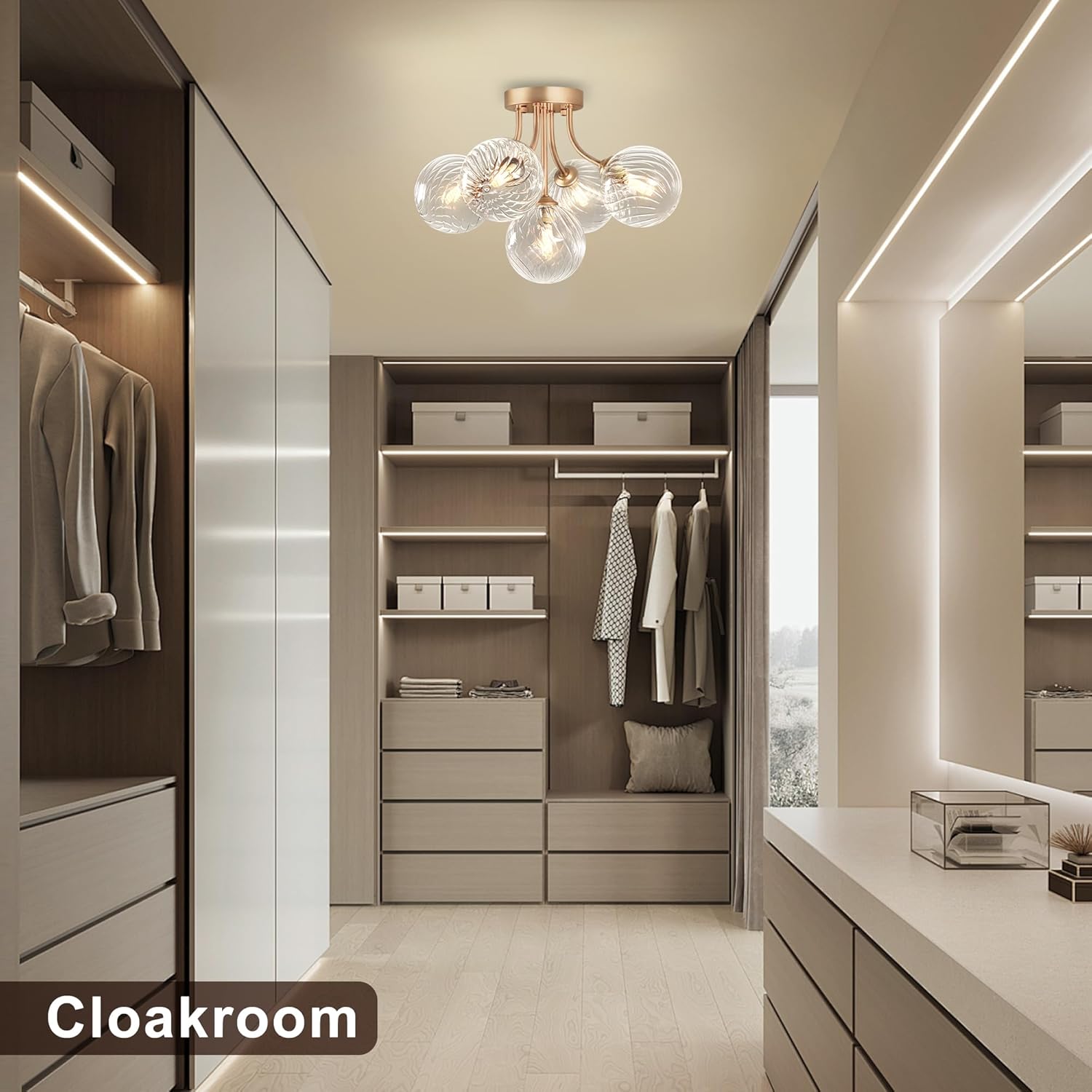 Modern Flush Mount Ceiling Light with 5 Globe Glass Shades | Gold G9 Base Fixture