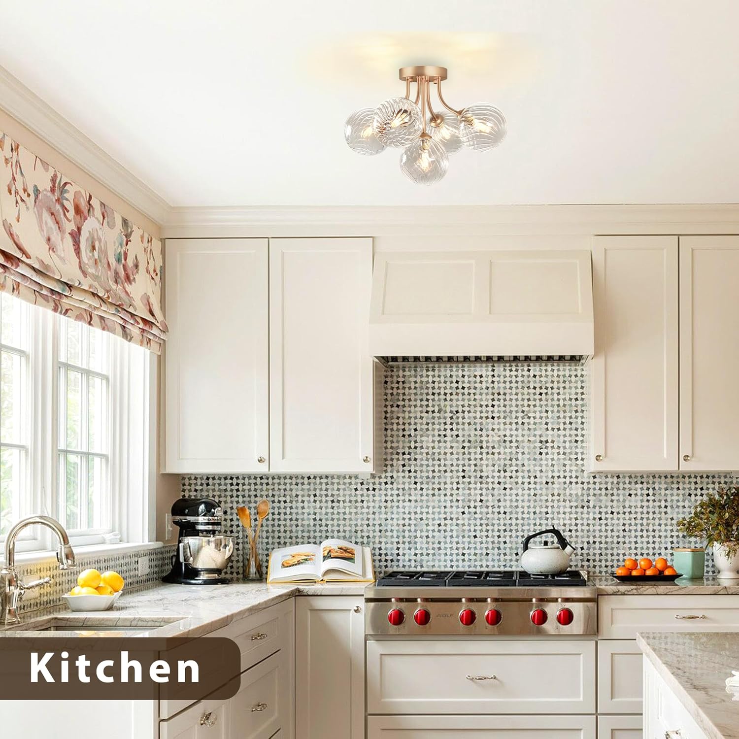 Modern Flush Mount Ceiling Light with 5 Globe Glass Shades | Gold G9 Base Fixture