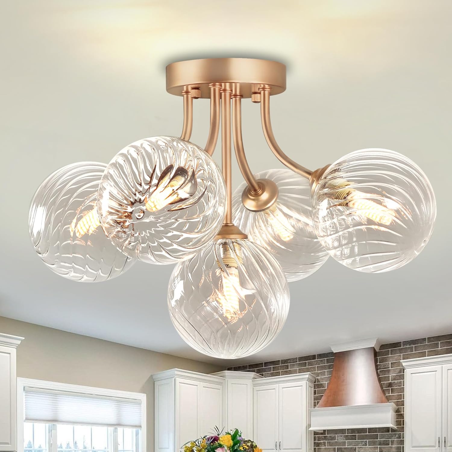 Modern Flush Mount Ceiling Light with 5 Globe Glass Shades | Gold G9 Base Fixture