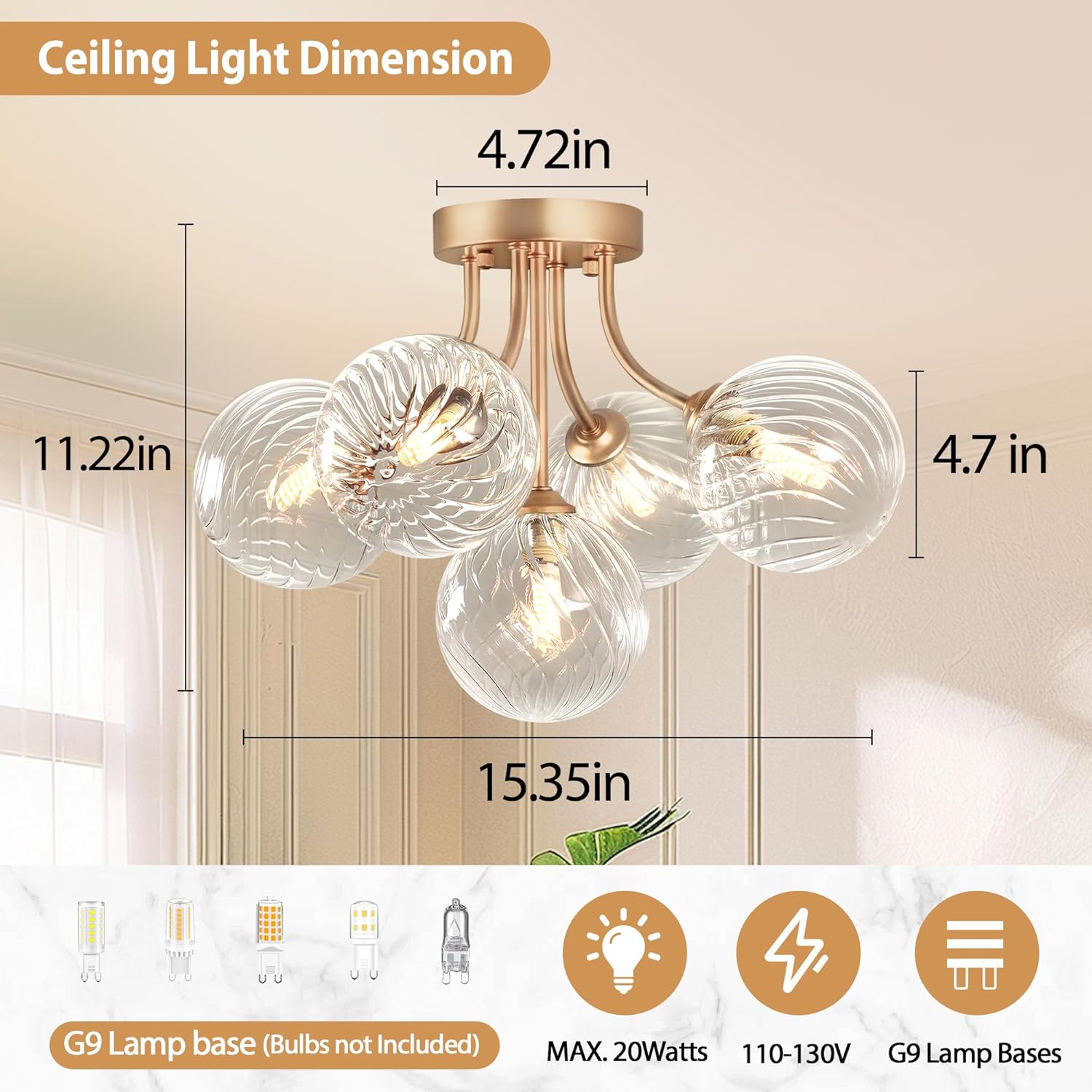 Modern Flush Mount Ceiling Light with 5 Globe Glass Shades | Gold G9 Base Fixture