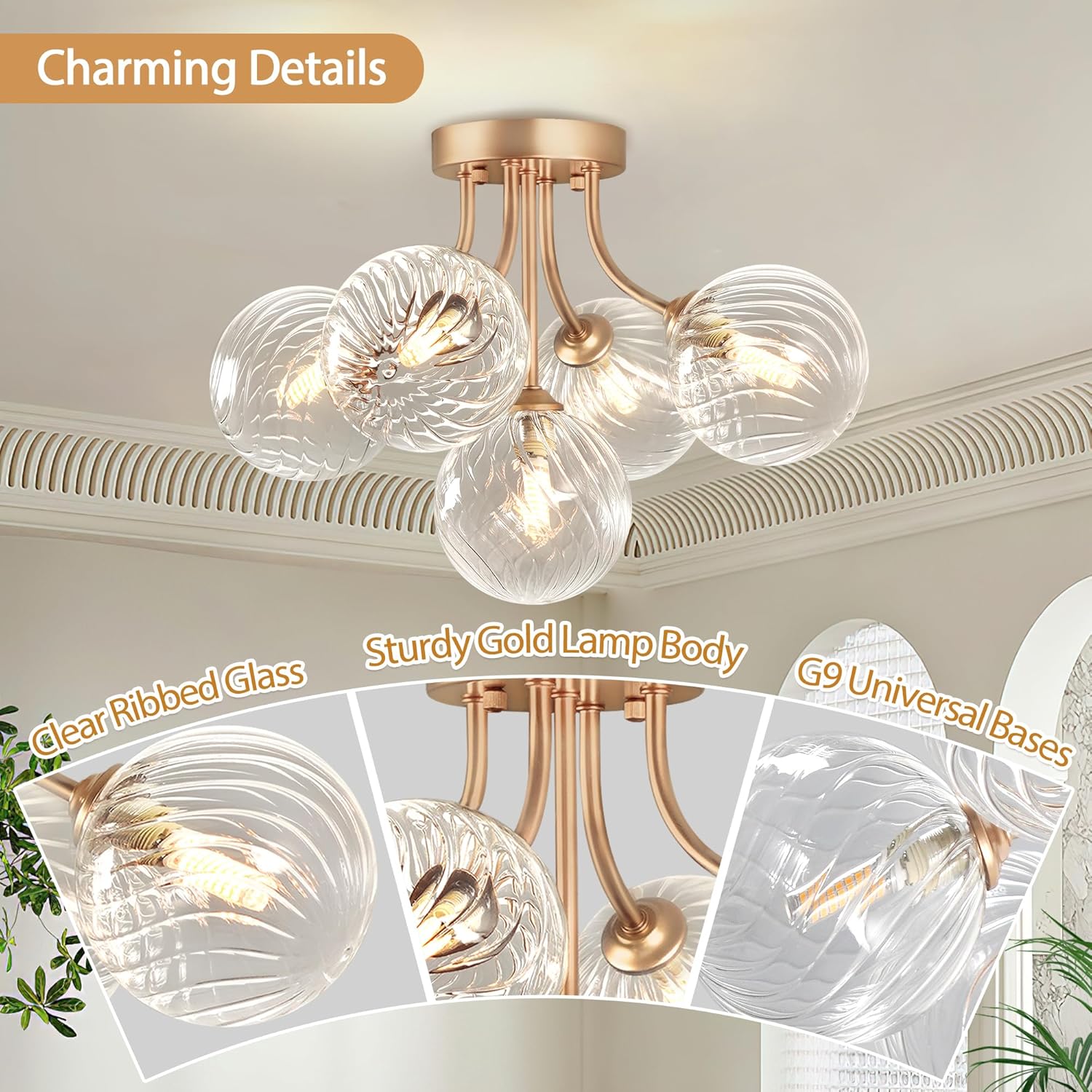 Modern Flush Mount Ceiling Light with 5 Globe Glass Shades | Gold G9 Base Fixture