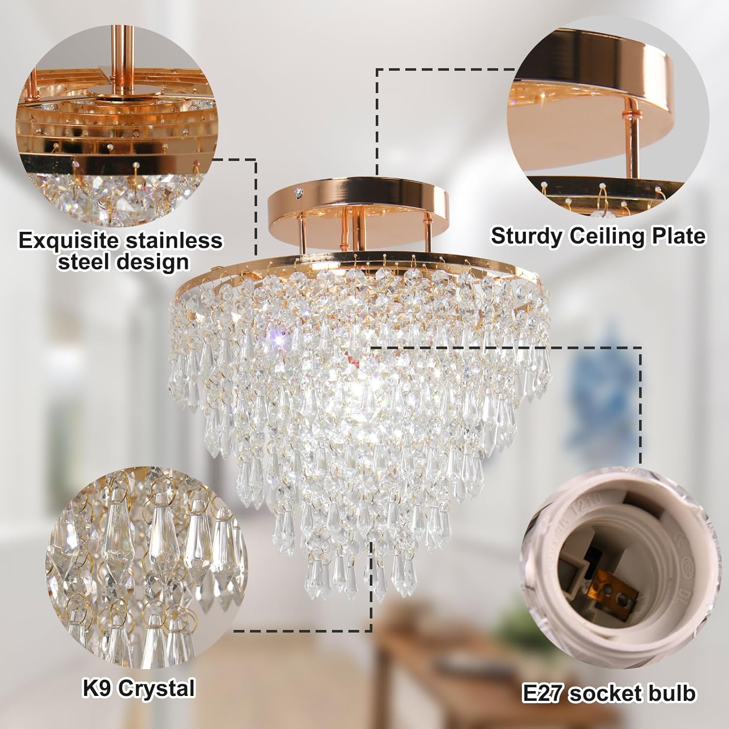 Modern Flush Mount Crystal Ceiling Light – Gold Round Fixture with K9 Crystal Drops, E26 Socket, 11.8” Wide for Hallway, Entryway or Bedroom