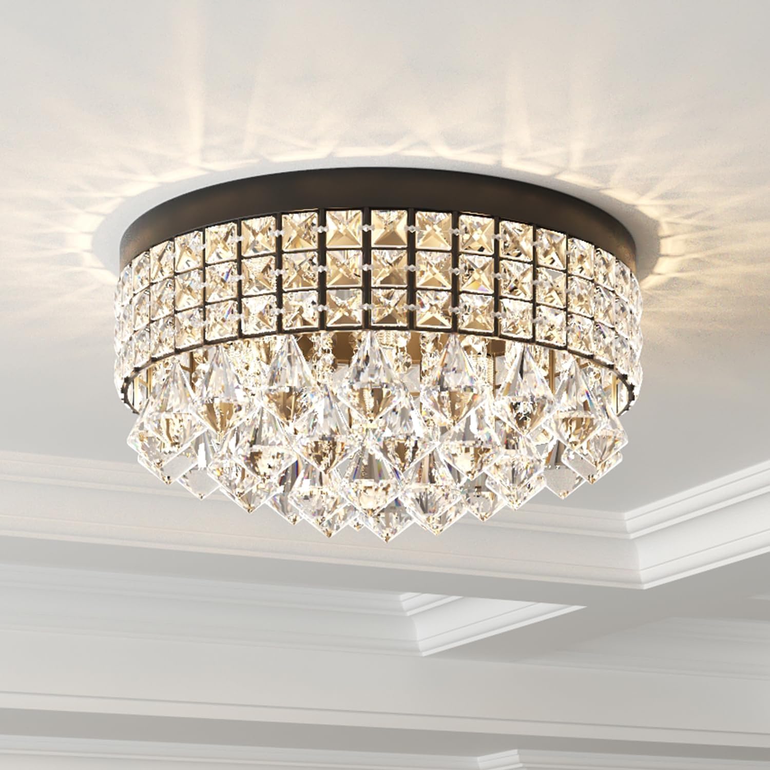 Modern Flush Mount Crystal Ceiling Light - 15 Inch Round LED Fixture with Black Frame and K9 Crystals