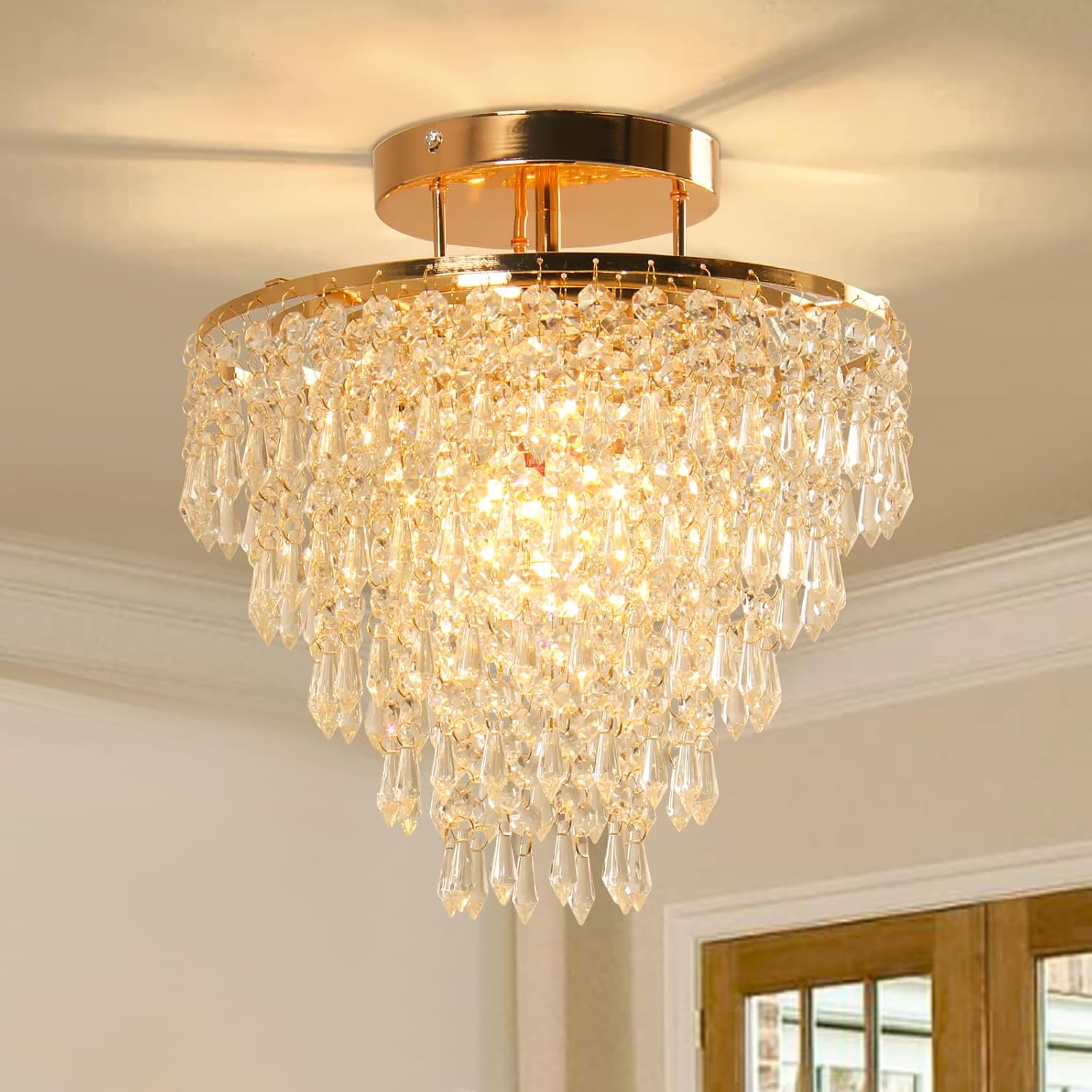 Modern Flush Mount Crystal Ceiling Light – Gold Round Fixture with K9 Crystal Drops, E26 Socket, 11.8” Wide for Hallway, Entryway or Bedroom