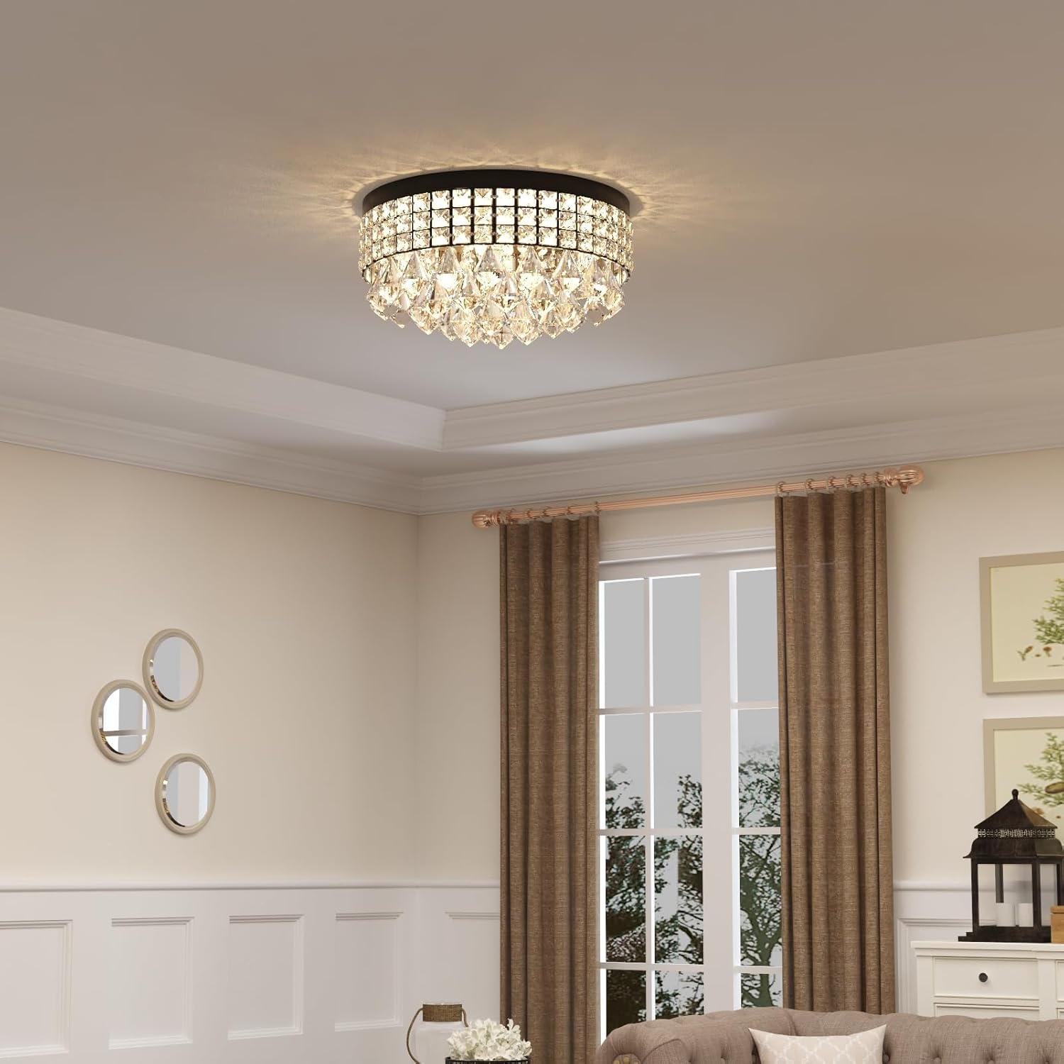 Modern Flush Mount Crystal Ceiling Light - 15 Inch Round LED Fixture with Black Frame and K9 Crystals