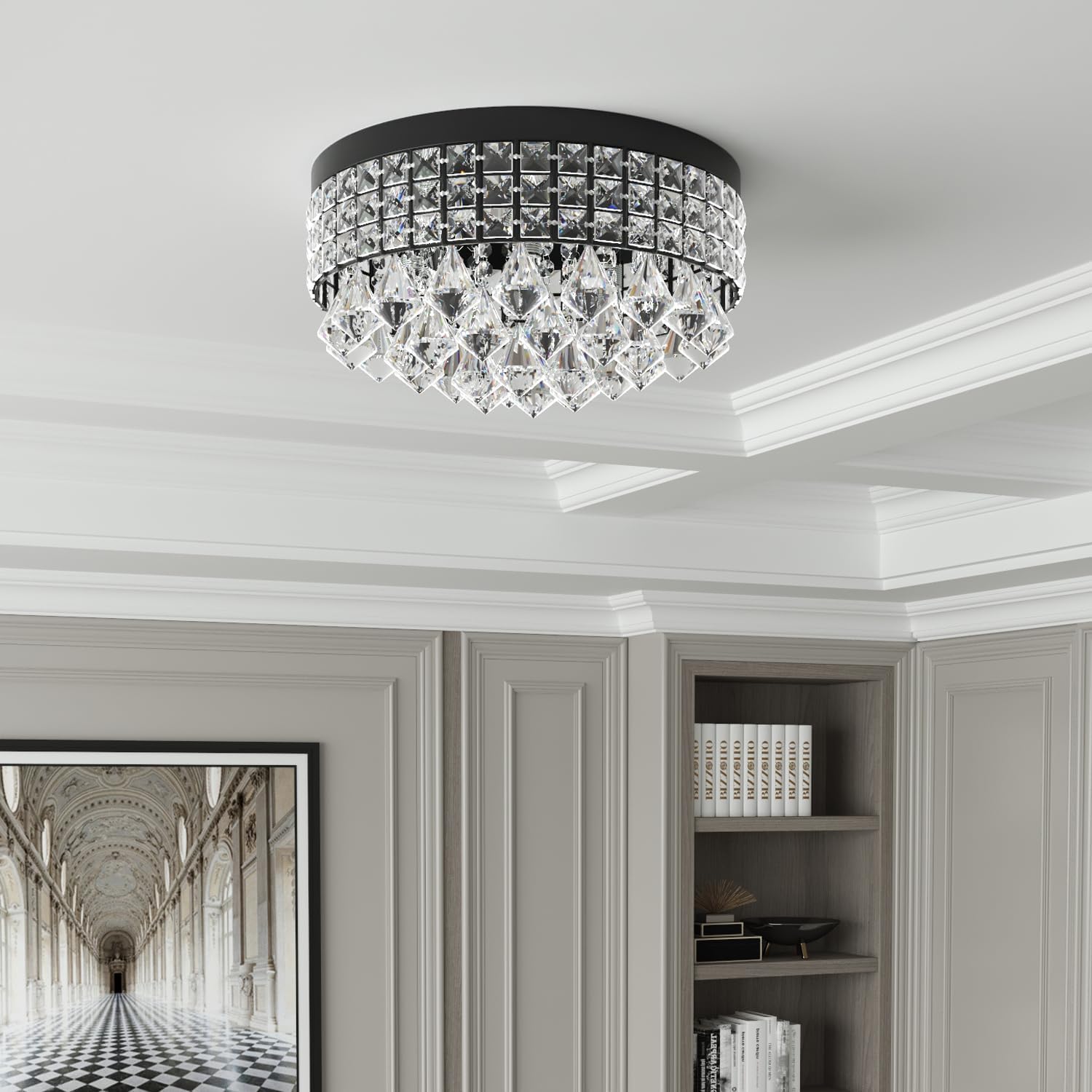 Modern Flush Mount Crystal Ceiling Light - 15 Inch Round LED Fixture with Black Frame and K9 Crystals