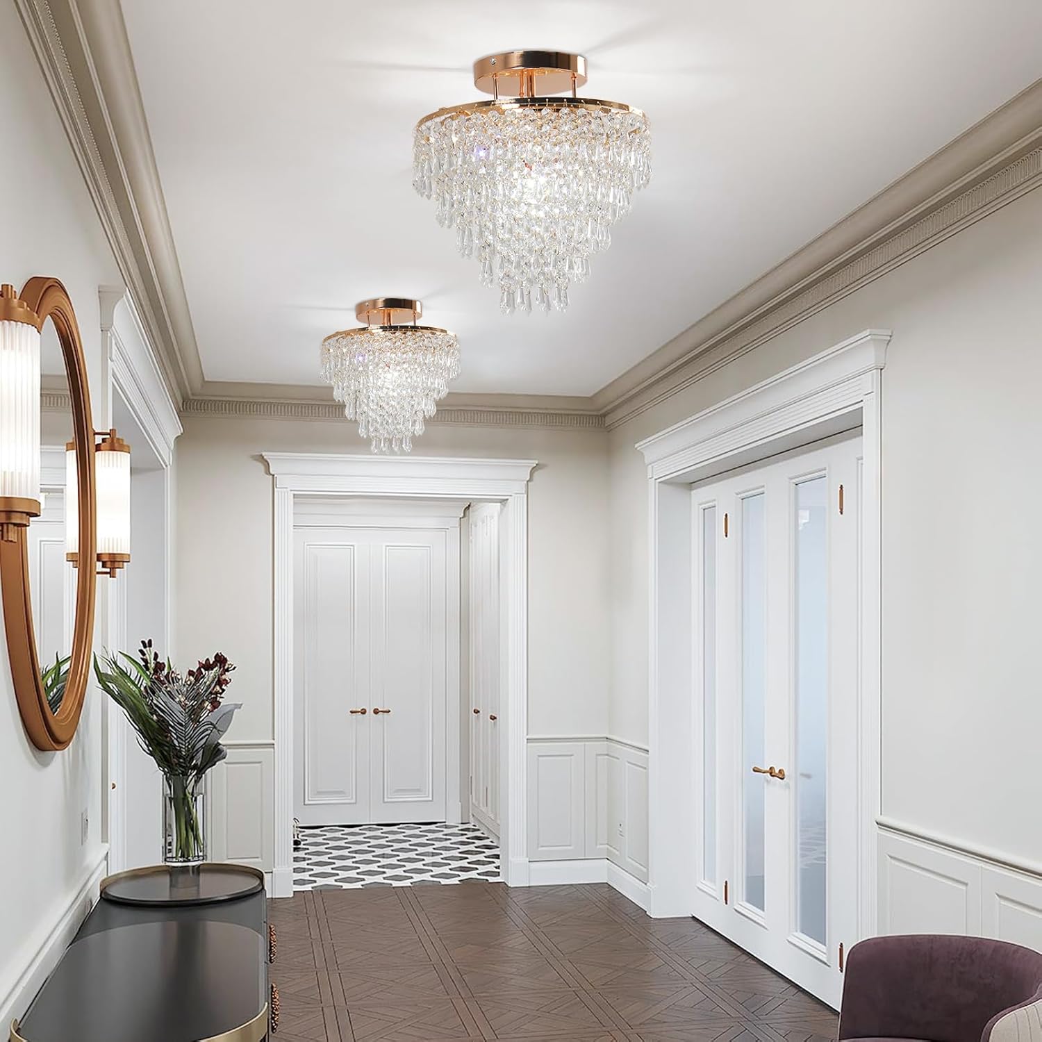 Modern Flush Mount Crystal Ceiling Light – Gold Round Fixture with K9 Crystal Drops, E26 Socket, 11.8” Wide for Hallway, Entryway or Bedroom