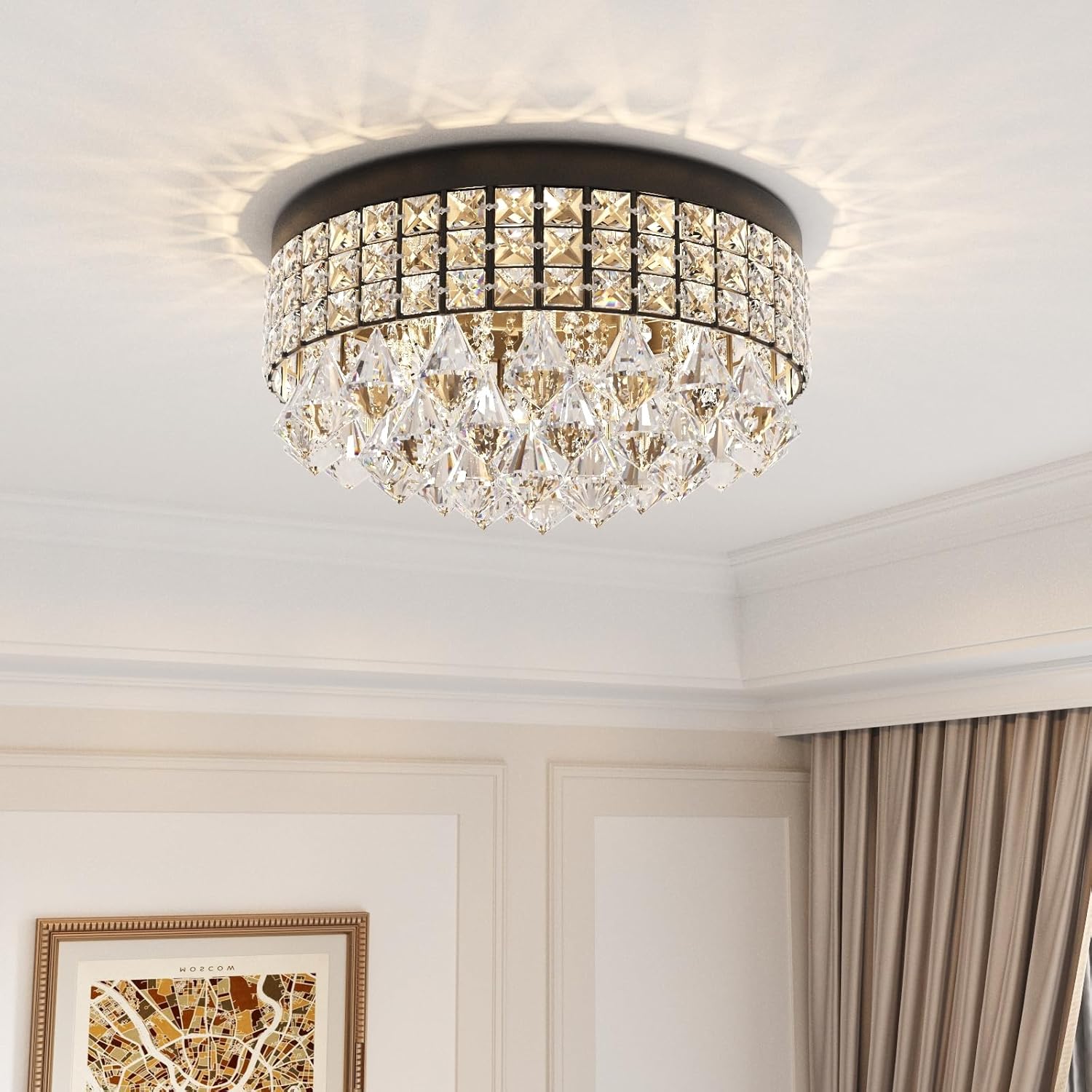 Modern Flush Mount Crystal Ceiling Light - 15 Inch Round LED Fixture with Black Frame and K9 Crystals