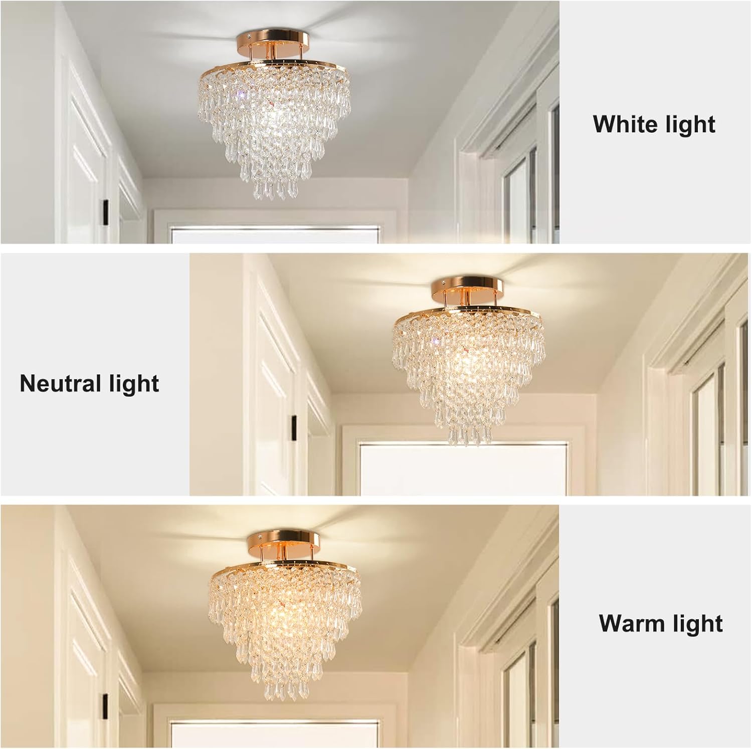 Modern Flush Mount Crystal Ceiling Light – Gold Round Fixture with K9 Crystal Drops, E26 Socket, 11.8” Wide for Hallway, Entryway or Bedroom