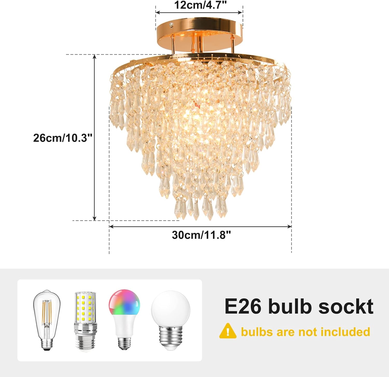 Modern Flush Mount Crystal Ceiling Light – Gold Round Fixture with K9 Crystal Drops, E26 Socket, 11.8” Wide for Hallway, Entryway or Bedroom