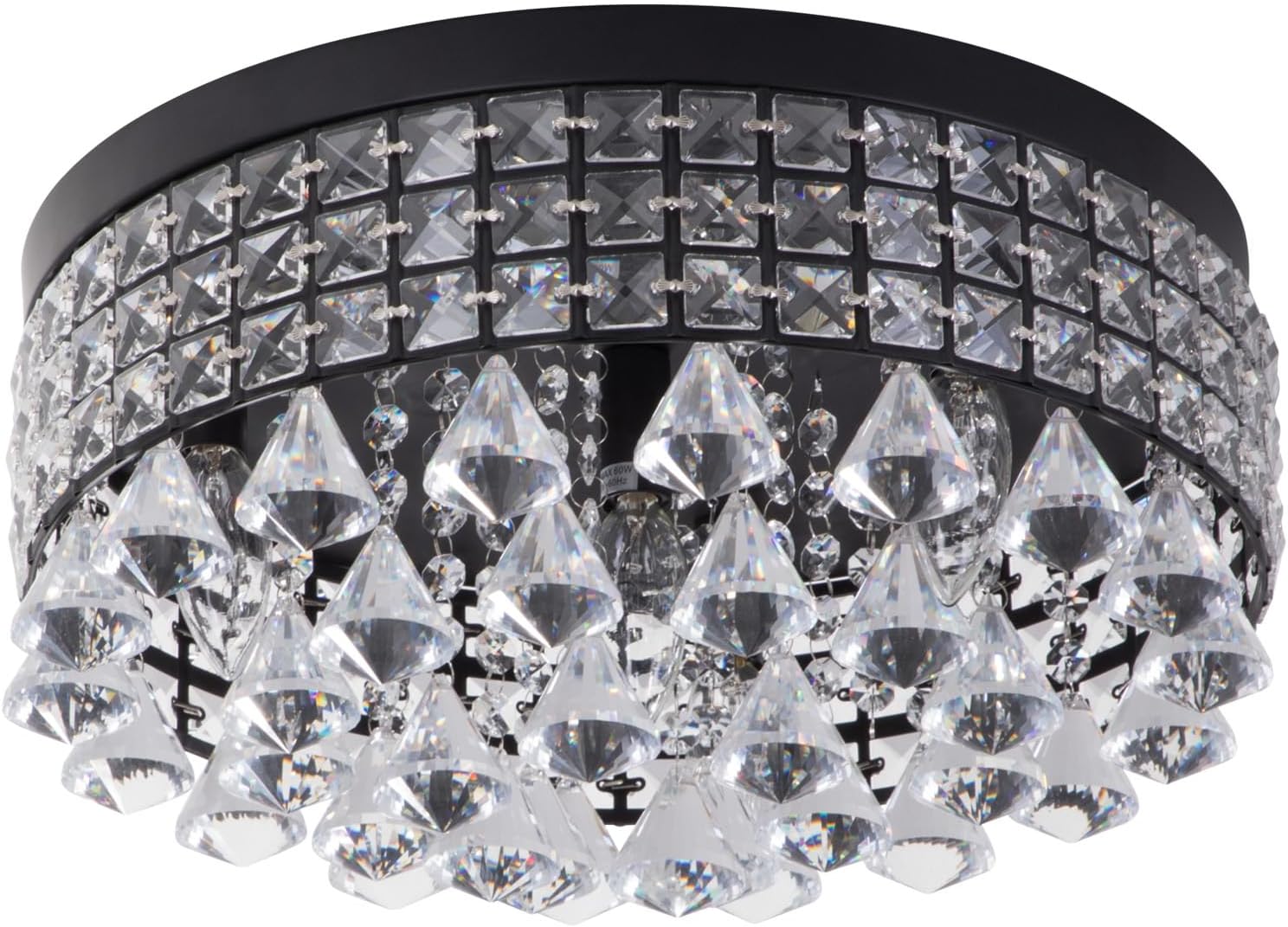 Modern Flush Mount Crystal Ceiling Light - 15 Inch Round LED Fixture with Black Frame and K9 Crystals