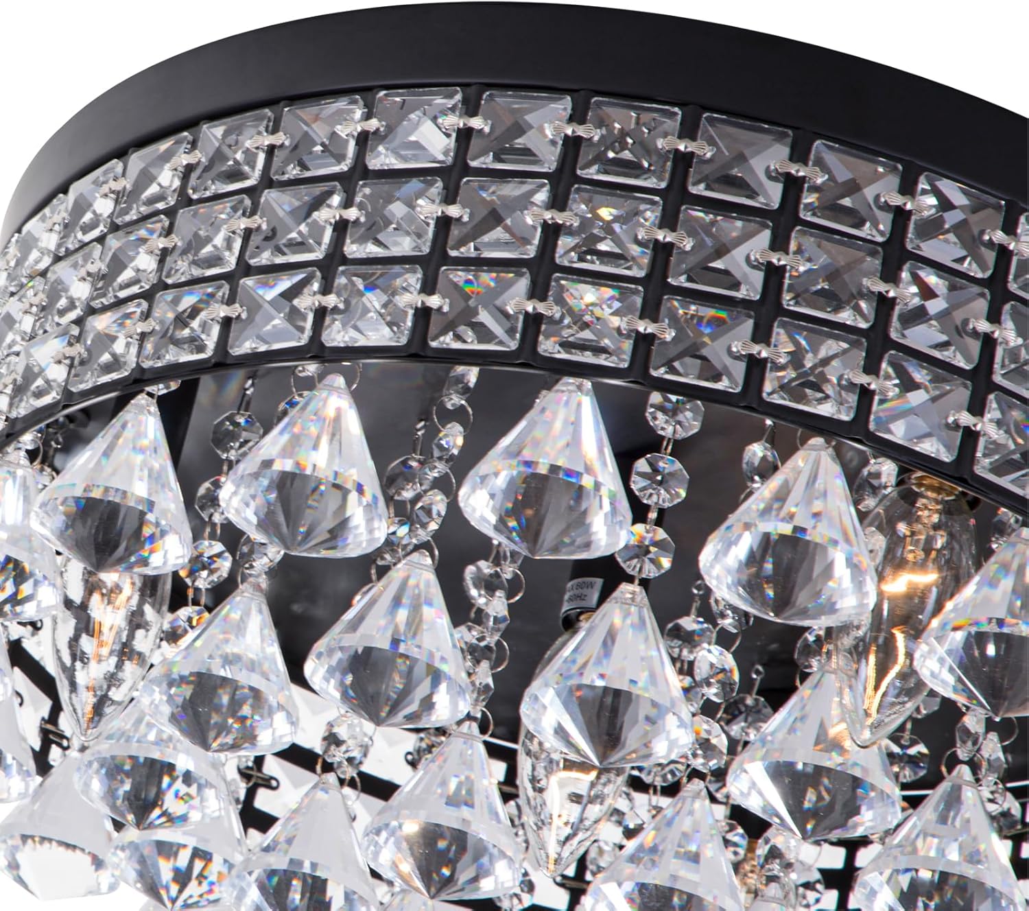 Modern Flush Mount Crystal Ceiling Light - 15 Inch Round LED Fixture with Black Frame and K9 Crystals