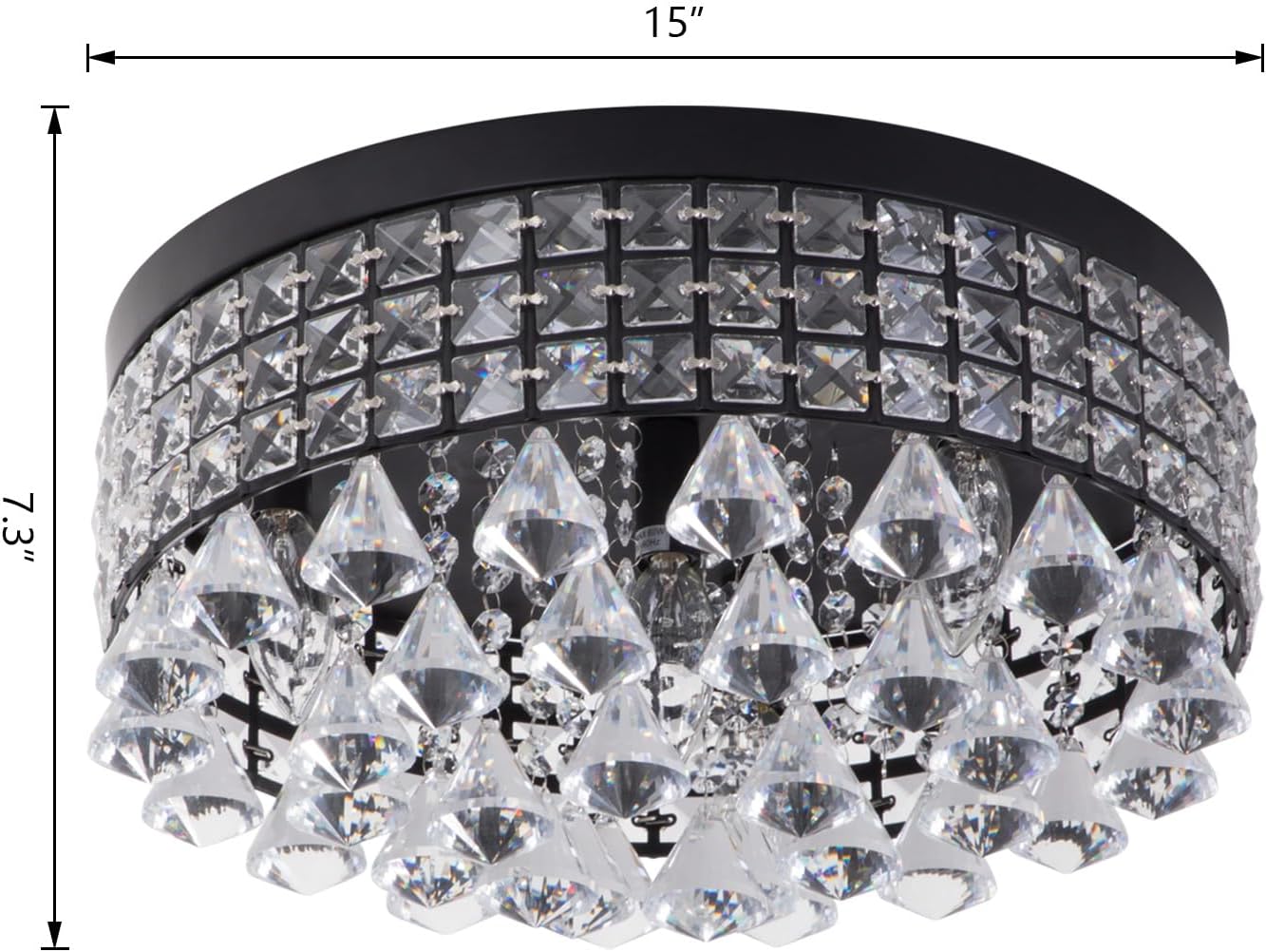 Modern Flush Mount Crystal Ceiling Light - 15 Inch Round LED Fixture with Black Frame and K9 Crystals