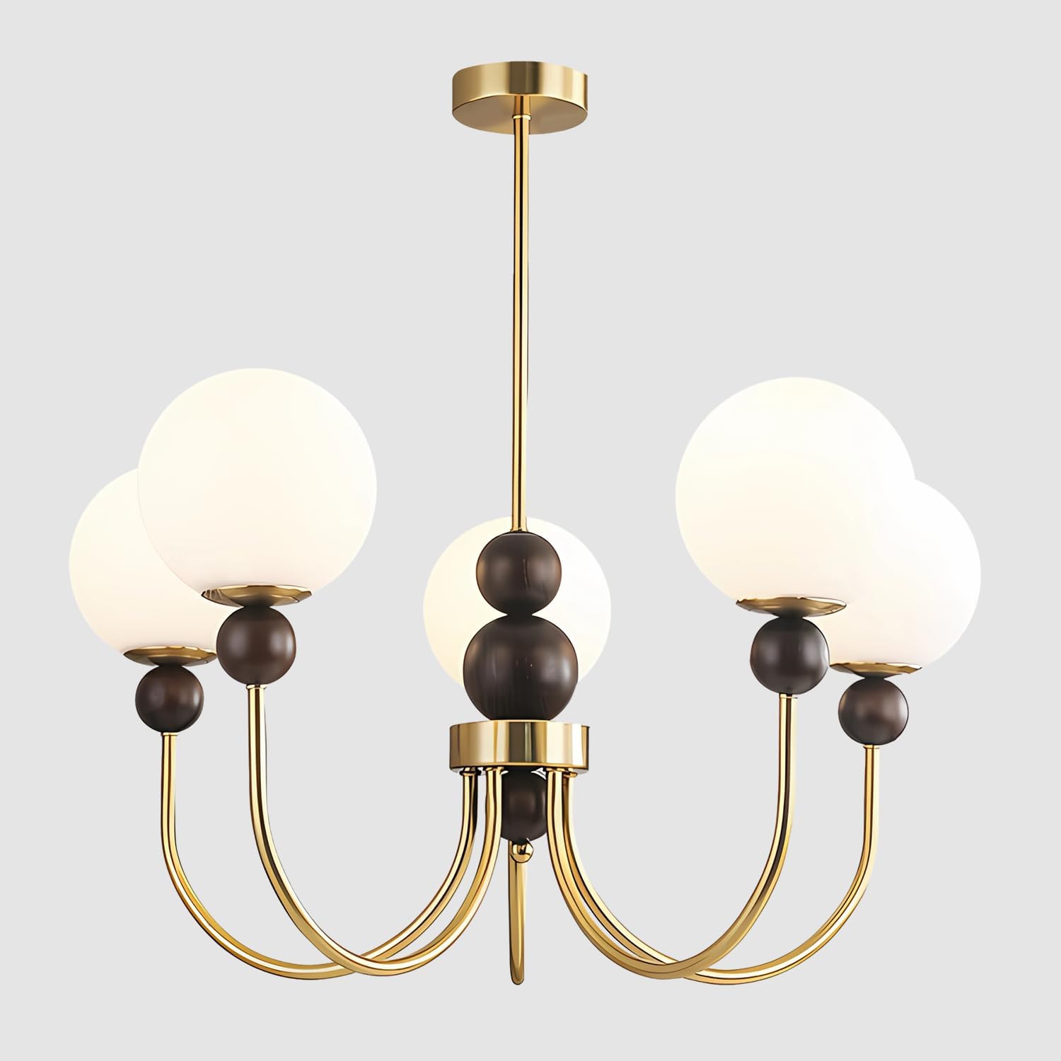 Modern Luxury Gold 5-Light Chandelier – Adjustable Height Milk White Glass Globe Ceiling Pendant Light for Living Room Dining Room