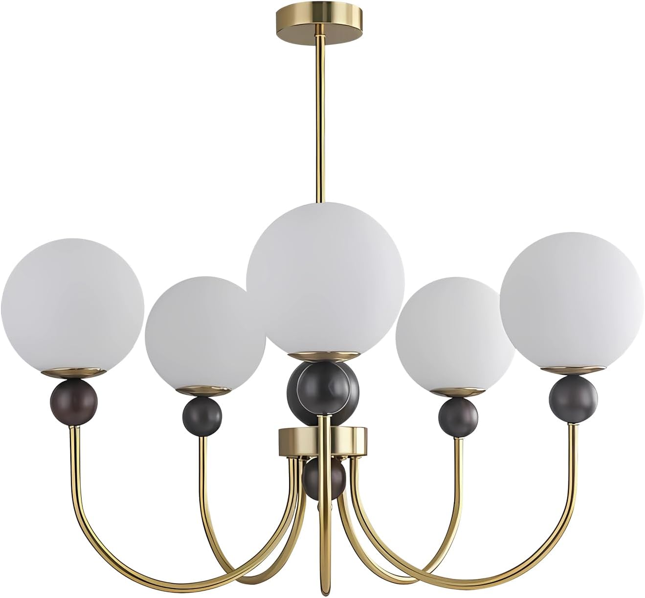 Modern Luxury Gold 5-Light Chandelier – Adjustable Height Milk White Glass Globe Ceiling Pendant Light for Living Room Dining Room