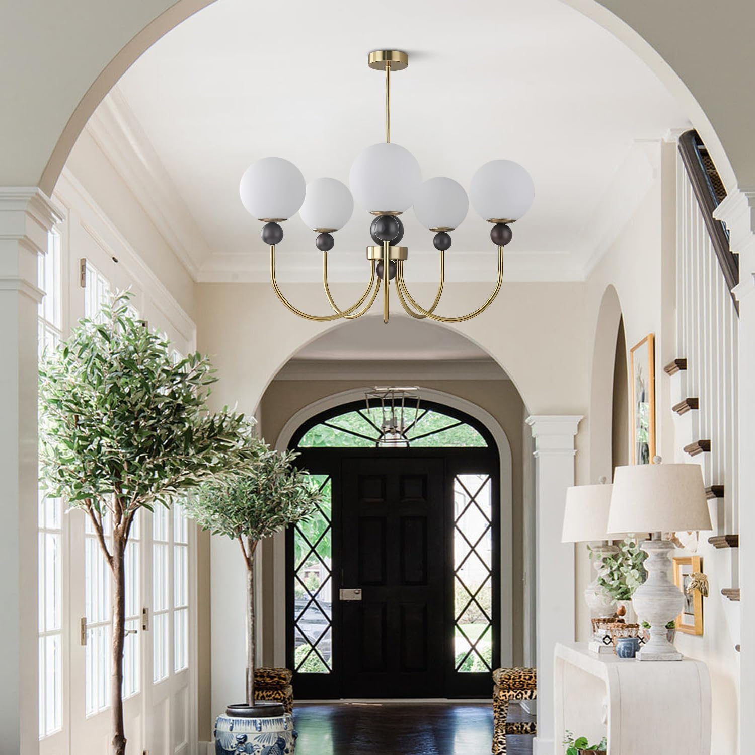 Modern Luxury Gold 5-Light Chandelier – Adjustable Height Milk White Glass Globe Ceiling Pendant Light for Living Room Dining Room