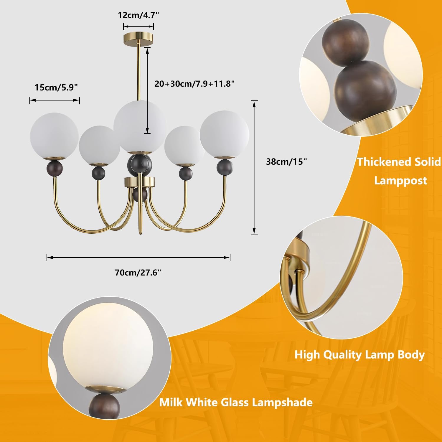 Modern Luxury Gold 5-Light Chandelier – Adjustable Height Milk White Glass Globe Ceiling Pendant Light for Living Room Dining Room