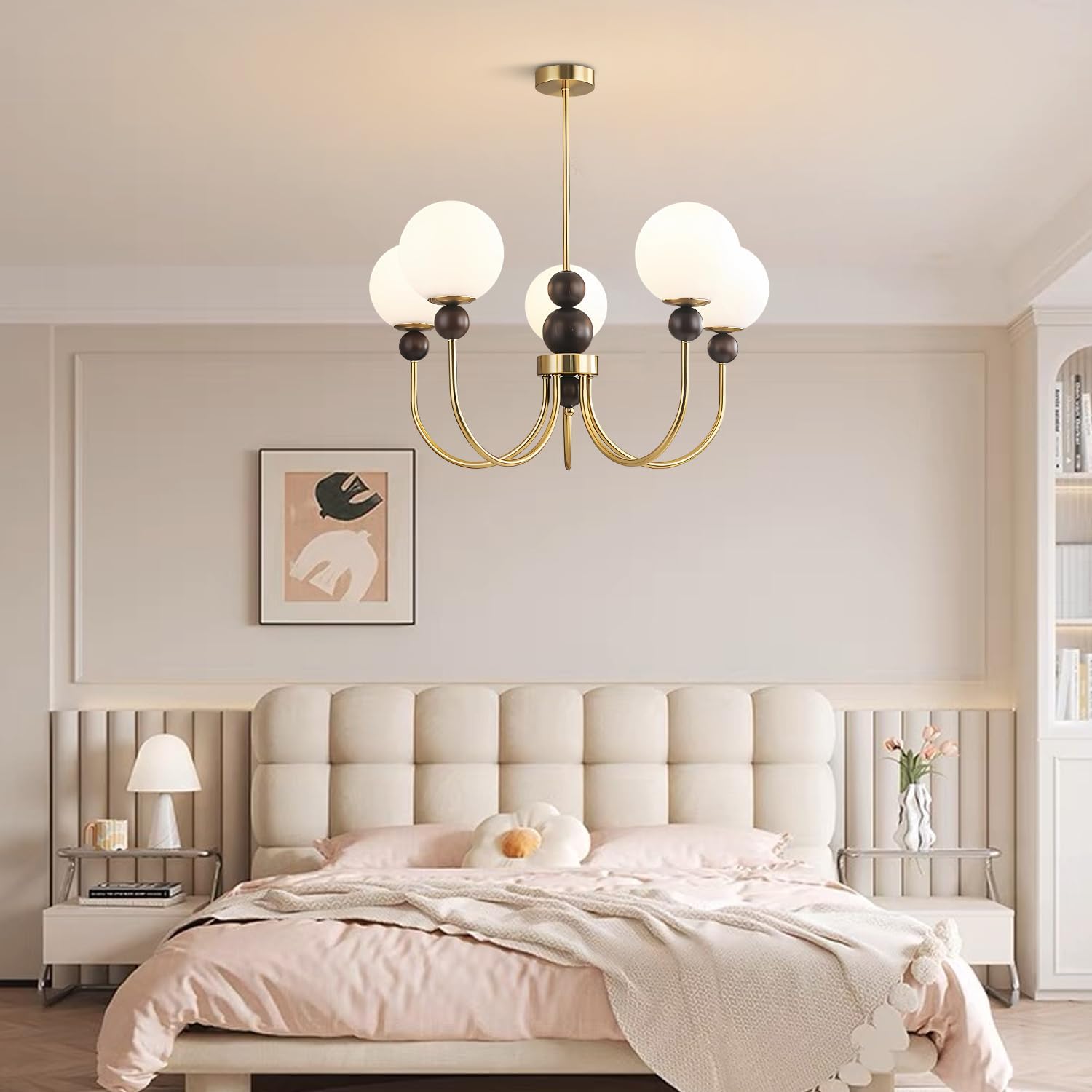 Modern Luxury Gold 5-Light Chandelier – Adjustable Height Milk White Glass Globe Ceiling Pendant Light for Living Room Dining Room