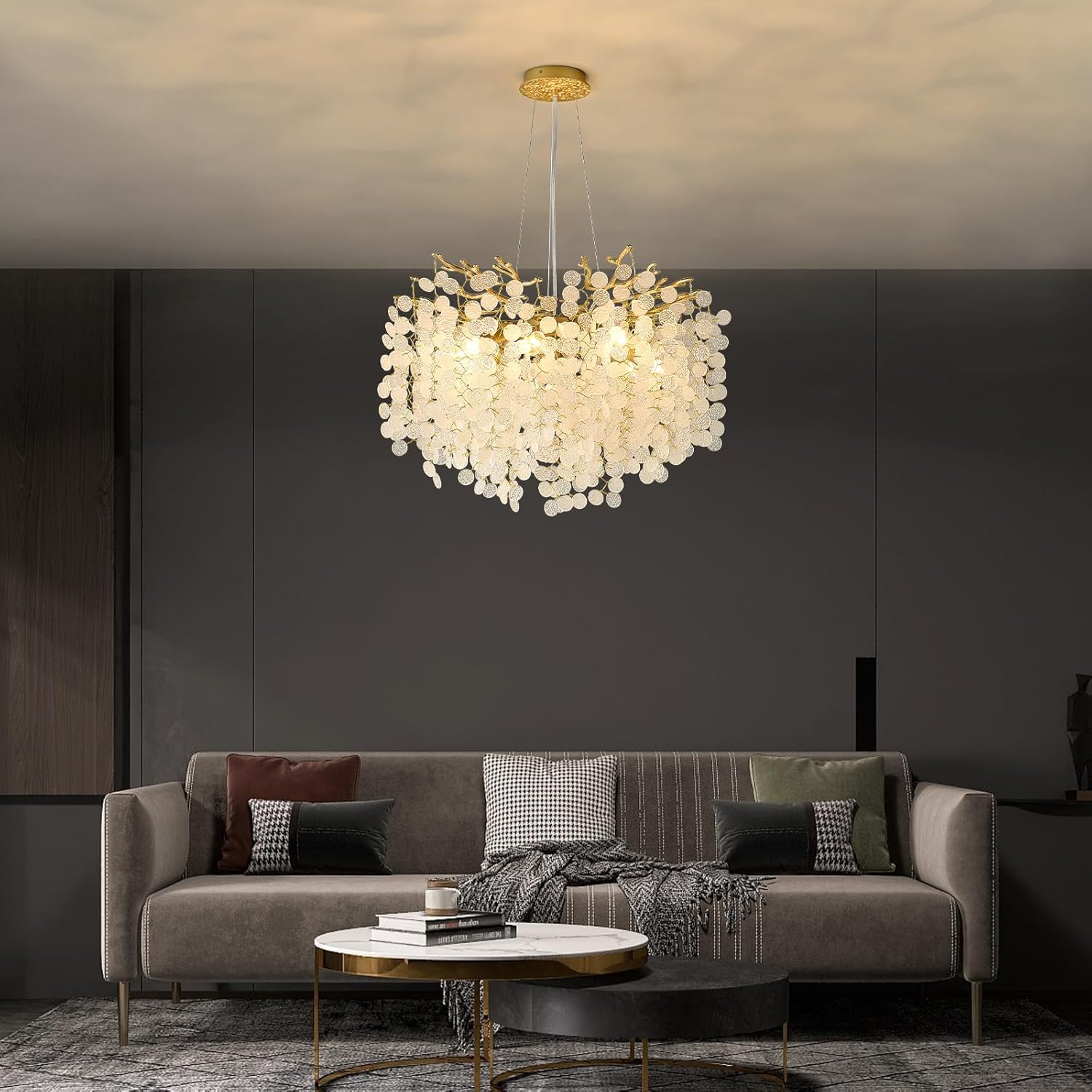 Modern Gold Coastal Chandelier with Adjustable Height, 24'' Wide Tree Branch Design with 61 Crystals, 8-Light E12 Pendant Ceiling Fixture