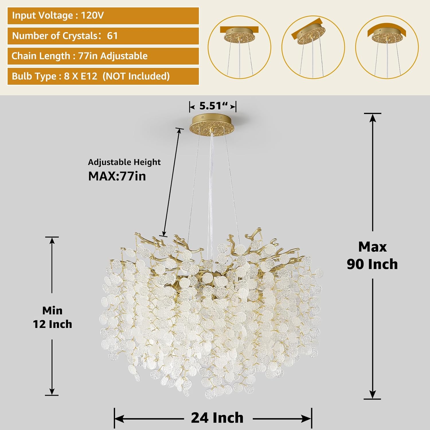 Modern Gold Coastal Chandelier with Adjustable Height, 24'' Wide Tree Branch Design with 61 Crystals, 8-Light E12 Pendant Ceiling Fixture